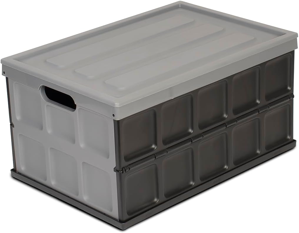 Glad Collapsible Storage Bin with Lid - 48L Foldable Plastic Box for Garage, Car Trunk, and Organization - Stackable Lidded Container with Handles, Grey
