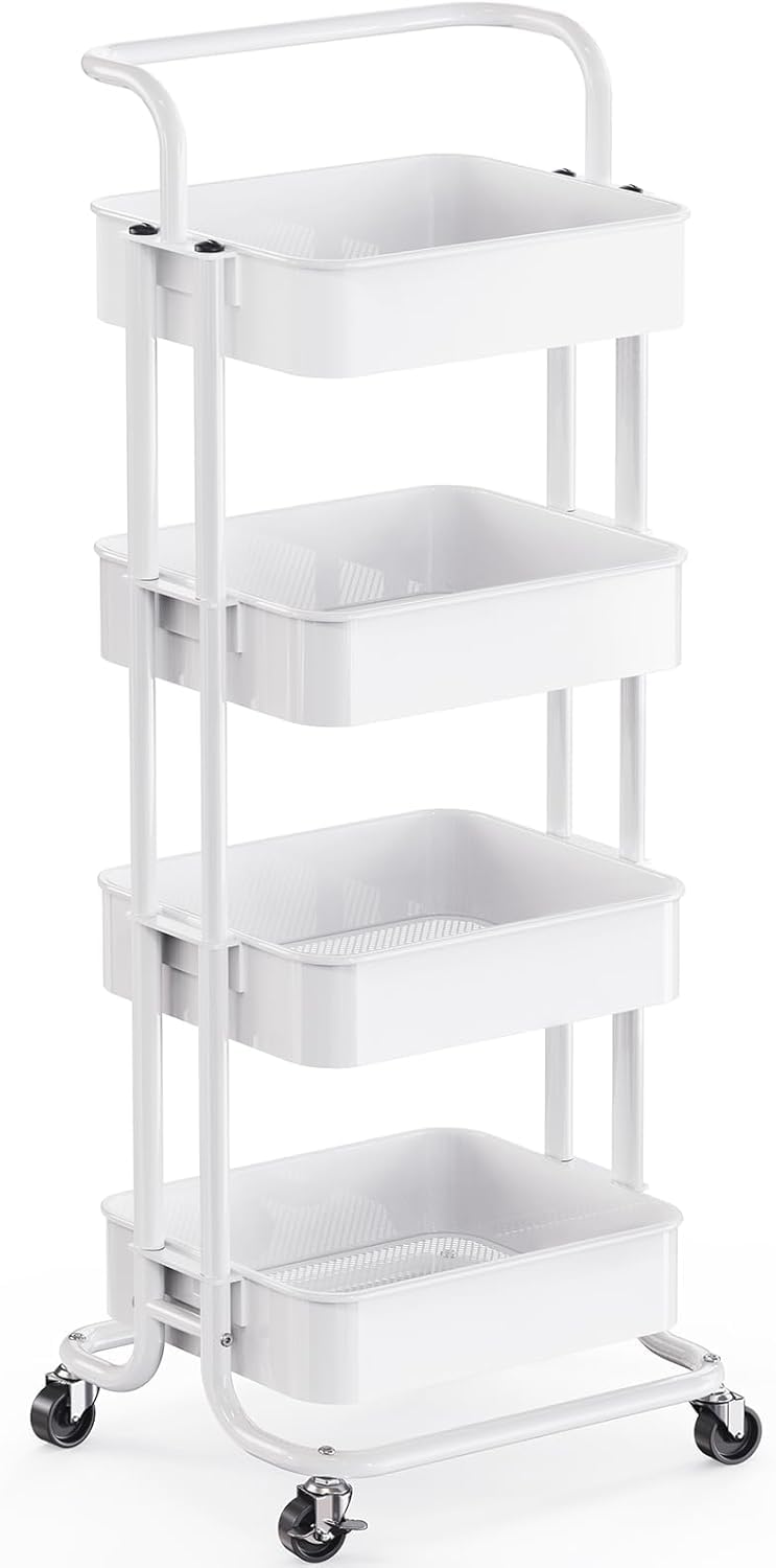 Pipishell 3 Tier Mesh Utility Cart, Rolling Metal Organization Cart with Handle and Lockable Wheels, Multifunctional Storage Shelves for Kitchen Living Room Office White