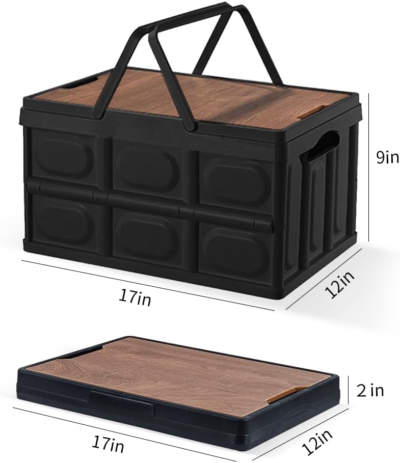 Collapsible Storage Bins Box with Lids and Handle, 30L Portable Plastic Storage Crate Containers Totes, Instacrate Stackable Foldable Camping Basket Supplies for Camp Fishing Car RV, Office (Black)