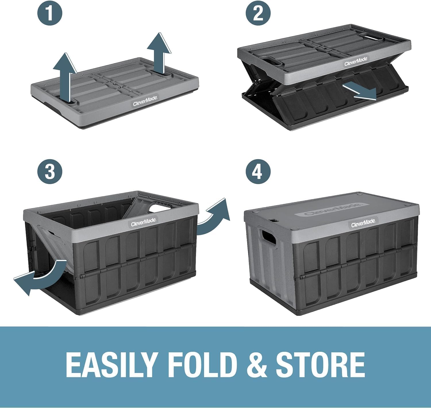 CleverMade Collapsible Storage Bins with Lids (62L, 3 Pack) – Heavy Duty Foldable Plastic Storage Crates for Garage, Closet & Trunk Organization - Ocean