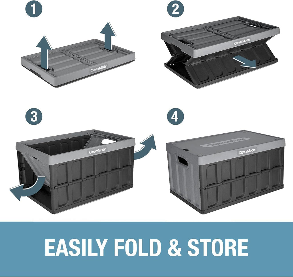 CleverMade Collapsible Storage Bins with Lids (62L, 3 Pack) – Heavy Duty Foldable Plastic Storage Crates for Garage, Closet & Trunk Organization - Stone