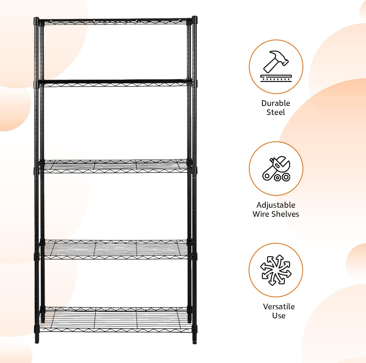 Amazon Basics 5-Shelf Adjustable Heavy Duty Steel Wire Storage Shelves for Garage, Kitchen, Easy Assembly, 36" x 14" x 72", Black | Heavy Duty, Adjustable, for Kitchen, Garage, Shelving Organizer