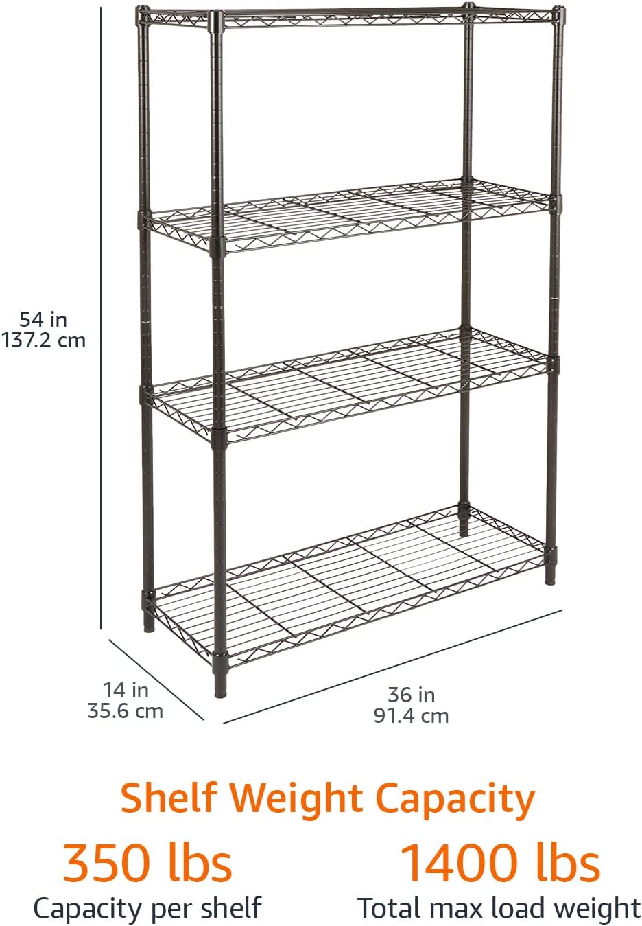 Amazon Basics 4-Shelf Adjustable Heavy Duty Steel Wire Rack Storage Shelving, Sturdy Garage Shelving, 350 lbs Capacity Per Shelf, Easy No-Tool Assembly, 36" x 14" x 54", Black | Heavy Duty, Adjustable, for Kitchen, Garage, Storage, Shelving Organizer