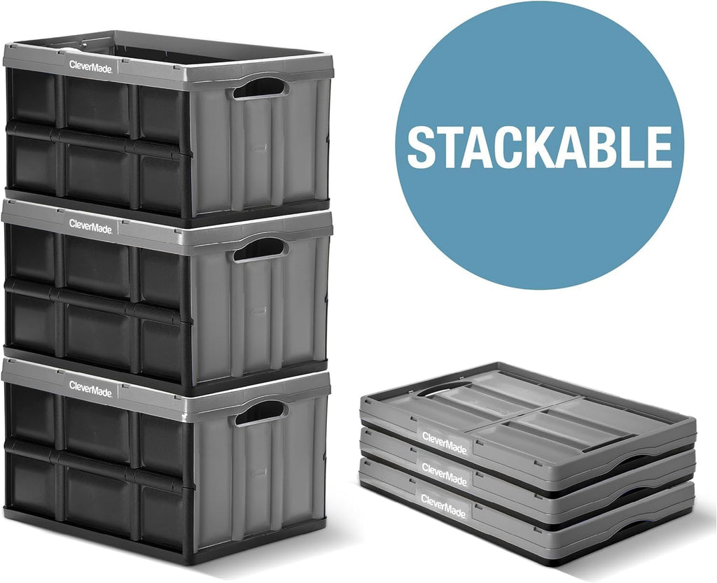 CleverMade Collapsible Storage Bins 46L (3-Pack) – Heavy Duty Collapsible Plastic Storage Bins, Stackable Folding Storage Bins for Car, Garage, Home Organization - Foldable Bins, Obsidian