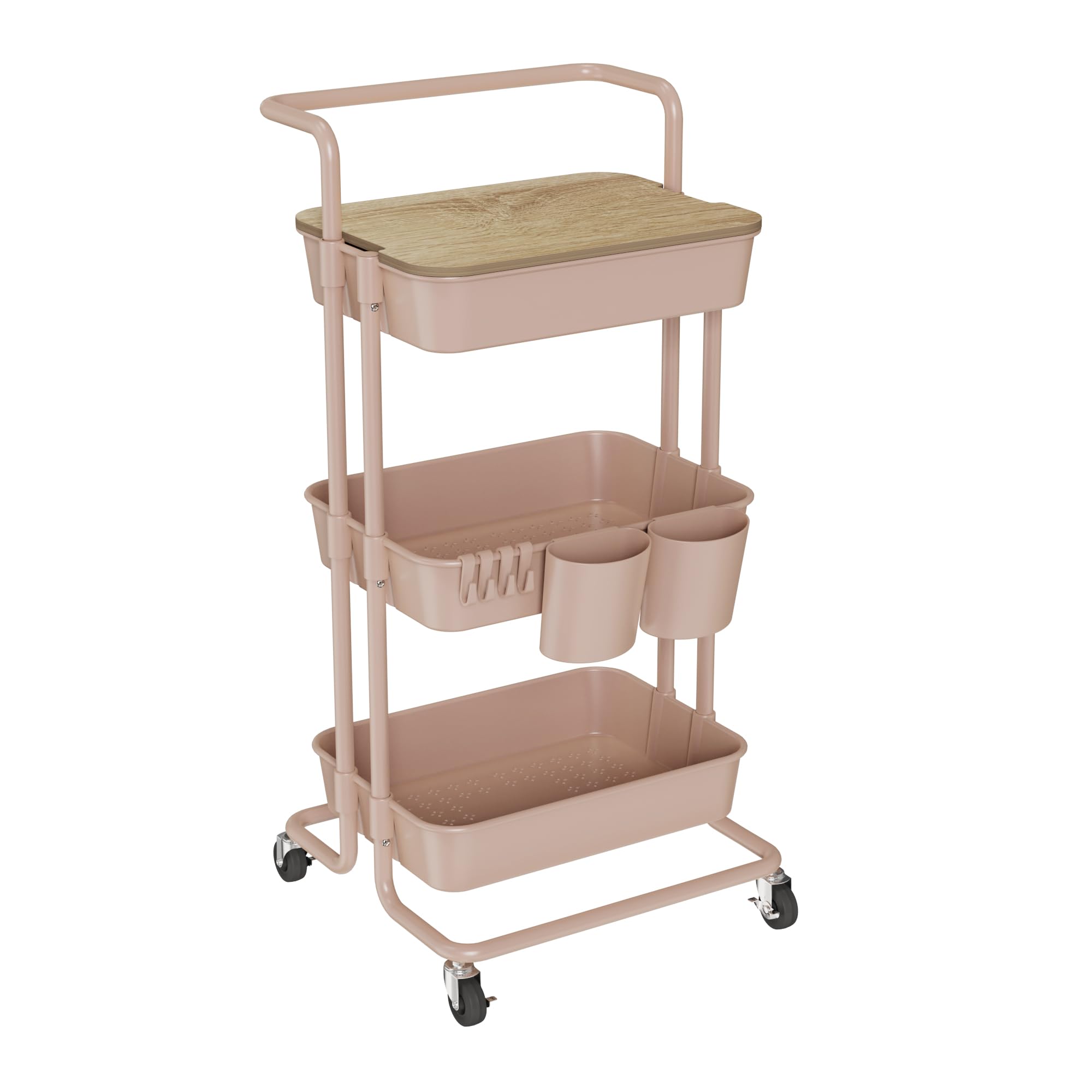 DTK 3 Tier Metal Utility Rolling Cart with Table Top and Side Bags, Tray Storage Organizer Wheels, Art Craft 4 Hooks for Kitchen Bathroom Office Living Room (Black)