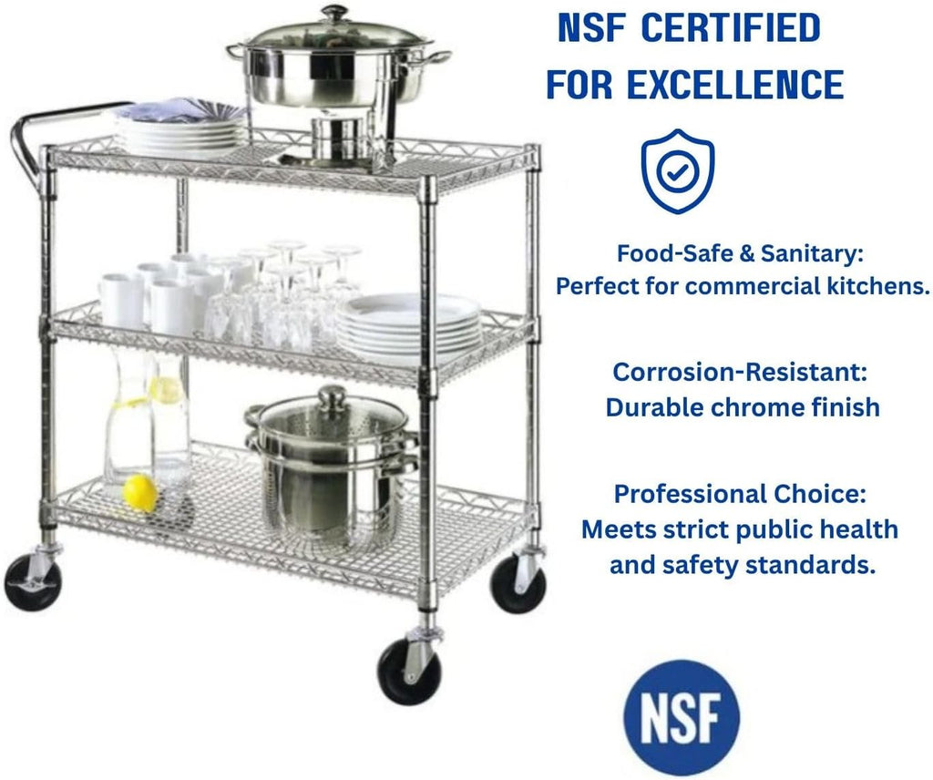 Heavy Duty 3 Tier Rolling Utility Kitchen Cart on Wheels,Large 45"L x 17 1/2"D x 45"H Metal Serving Cart Commercial Grade with Wire Shelving and Handle Bar for Office School Church Kitchen Hardware