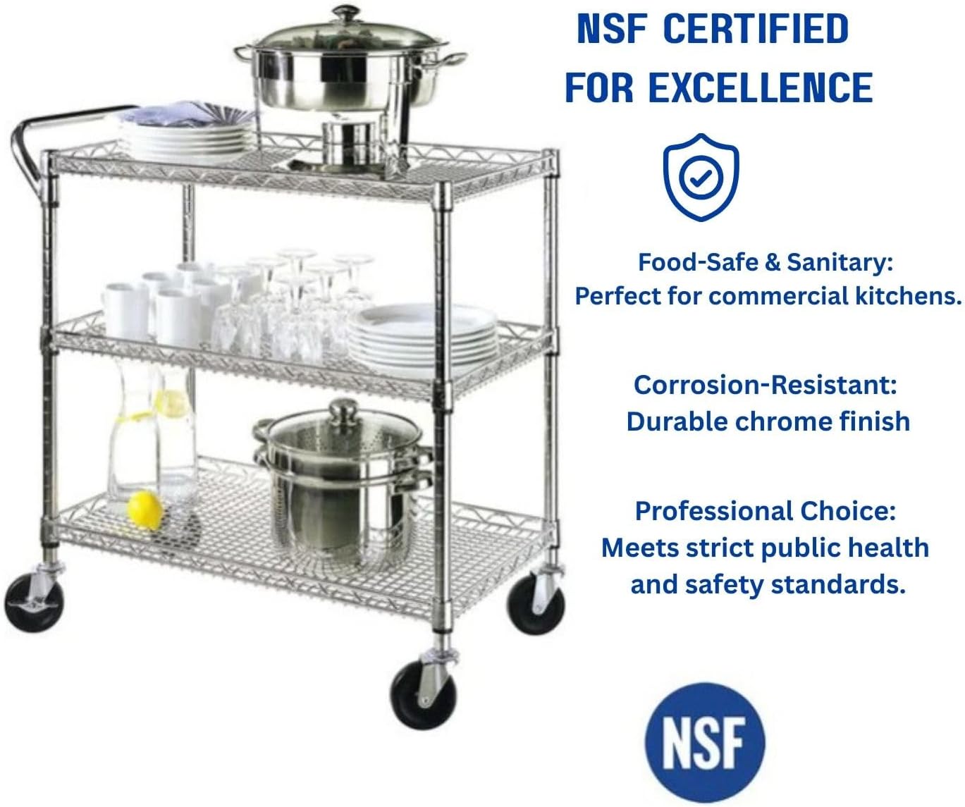 Heavy Duty 3 Tier Rolling Utility Kitchen Cart on Wheels,Large 45"L x 17 1/2"D x 45"H Metal Serving Cart Commercial Grade with Wire Shelving and Handle Bar for Office School Church Kitchen Hardware