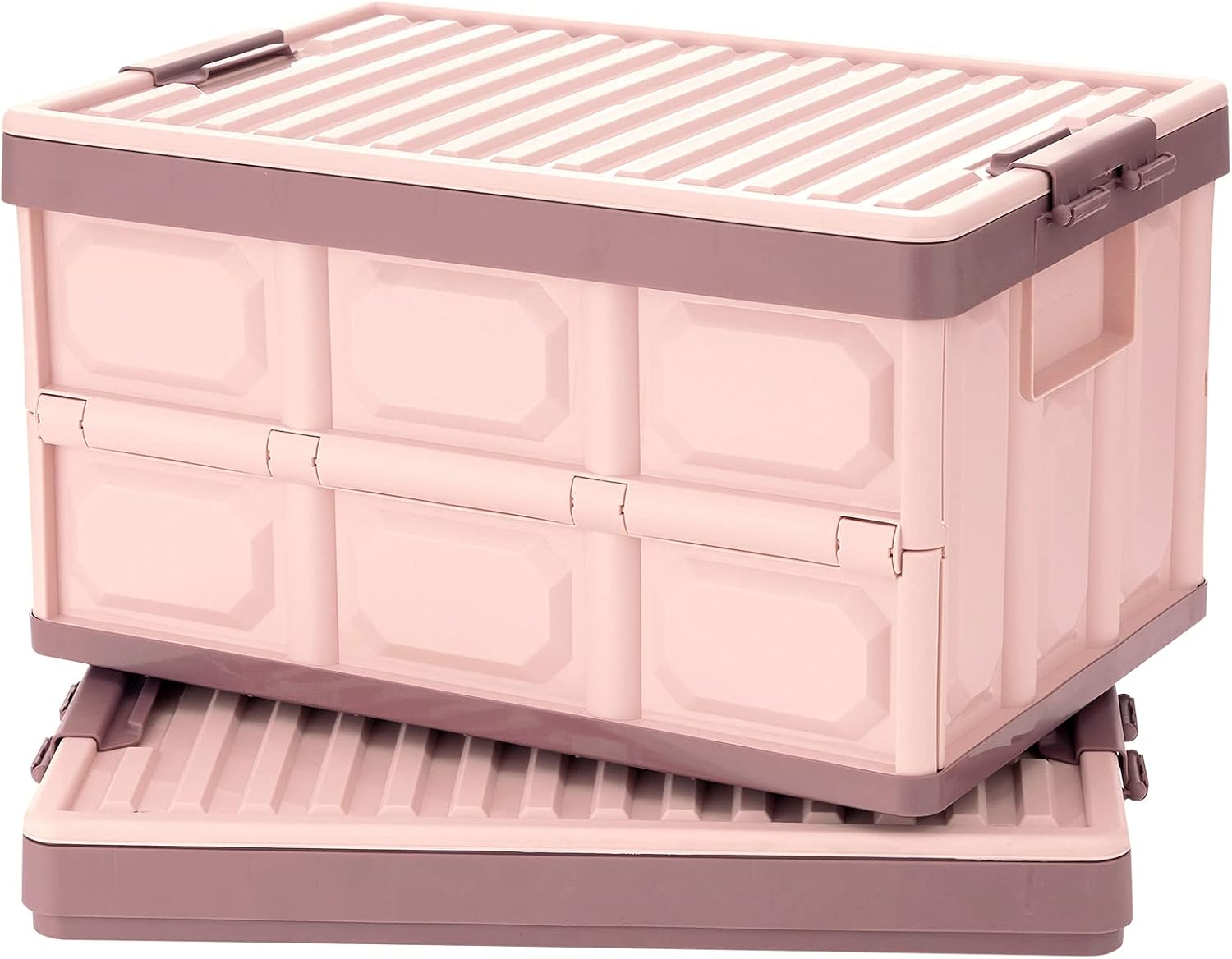 Pink Collapsible Storage Bins with Lids 2-Pack, Folding Plastic Stackable Utility Crates 30L, Durable Containers for Home & Garage Organization