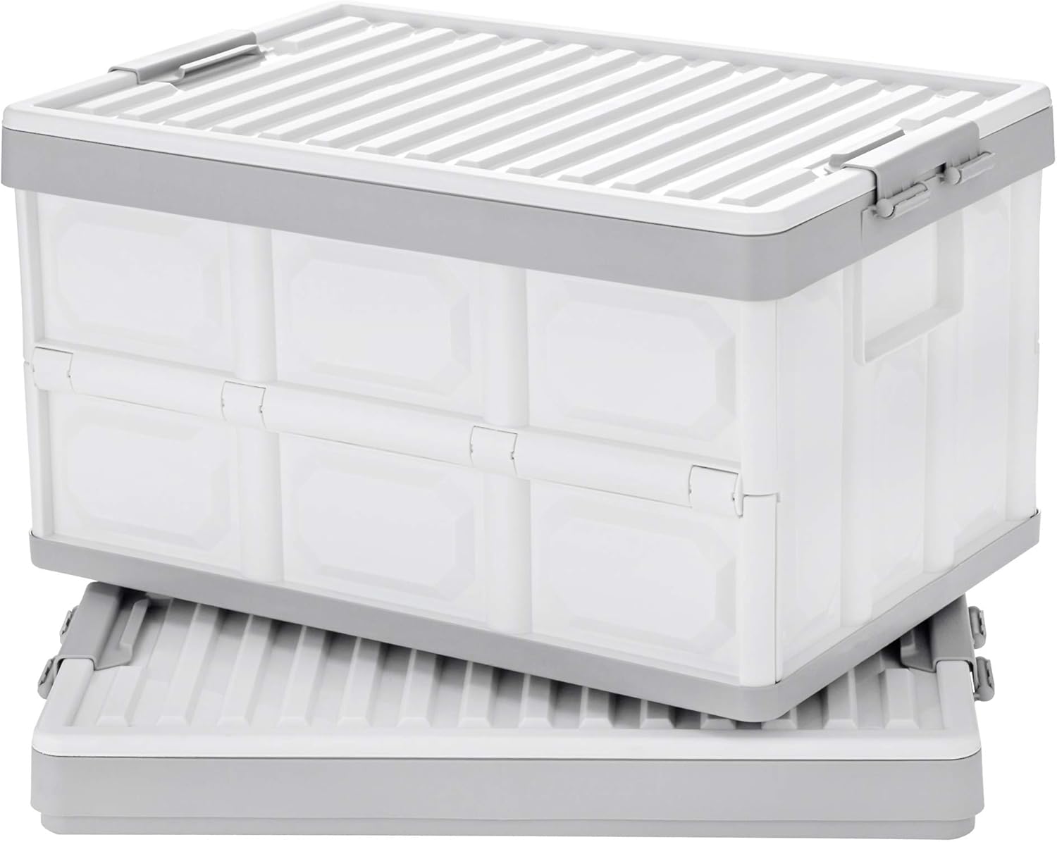 Collapsible Storage Bins with Lids 30L, Folding Plastic Stackable Utility Crates 2-Pack, Durable Containers for Home & Garage Organization - Oyster White
