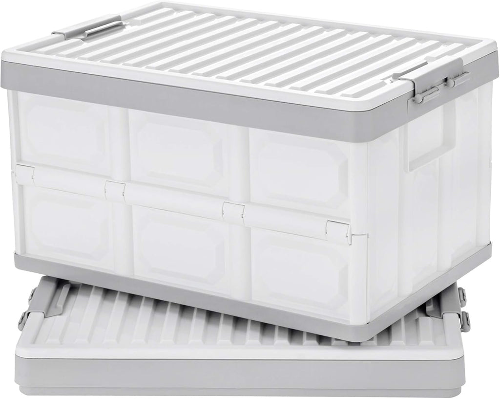 Collapsible Storage Bins with Lids 30L, Folding Plastic Stackable Utility Crates 2-Pack, Durable Containers for Home & Garage Organization - Oyster White