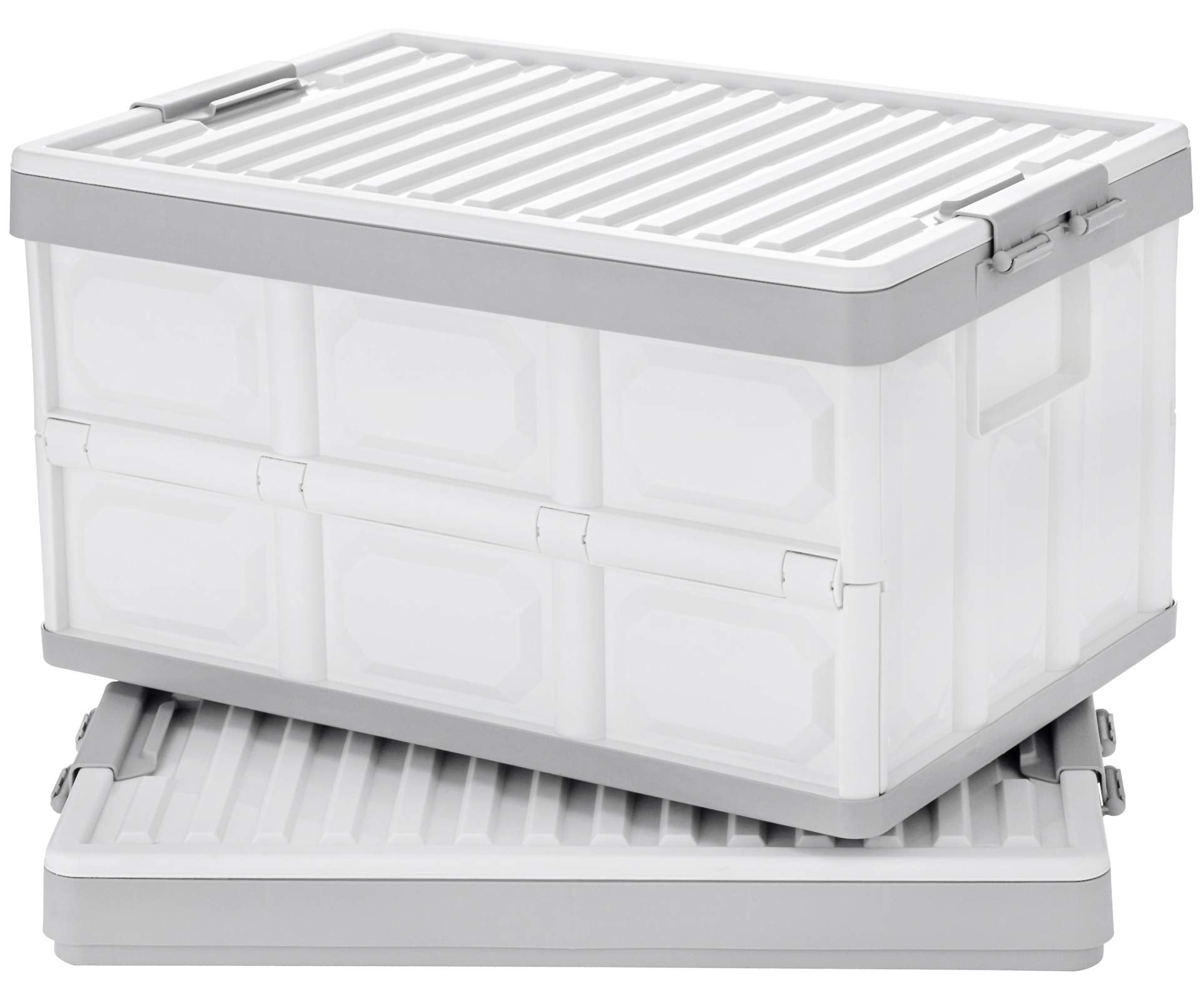 Collapsible Storage Bins with Lids 30L, Folding Plastic Stackable Utility Crates 2-Pack, Durable Containers for Home & Garage Organization - Oyster White