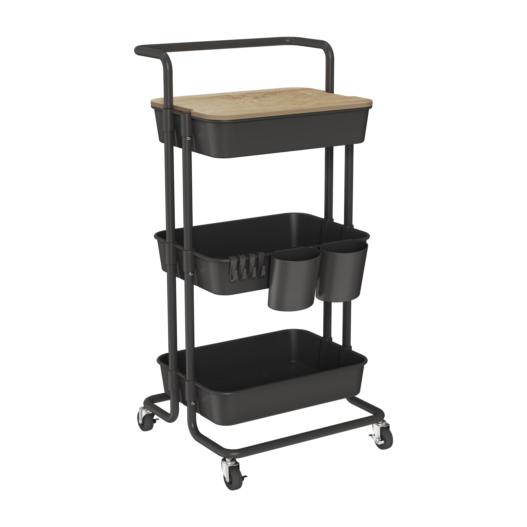 DTK 3 Tier Metal Utility Rolling Cart with Table Top and Side Bags, Tray Storage Organizer Wheels, Art Craft 4 Hooks for Kitchen Bathroom Office Living Room (Black)