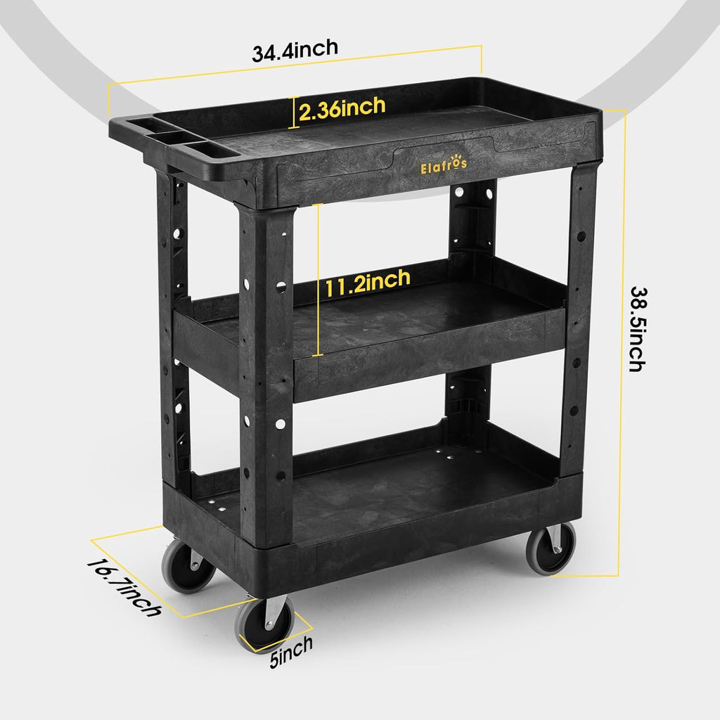 ELAFROS 3 Shelf Heavy Duty Utility Cart, 34" x 17" x 38.5", Rolling Work Cart with 4 Swivel Wheels, Deep Shelves, Safely Holds up to 550 lbs 3-Tier Service Tool Cart, Black