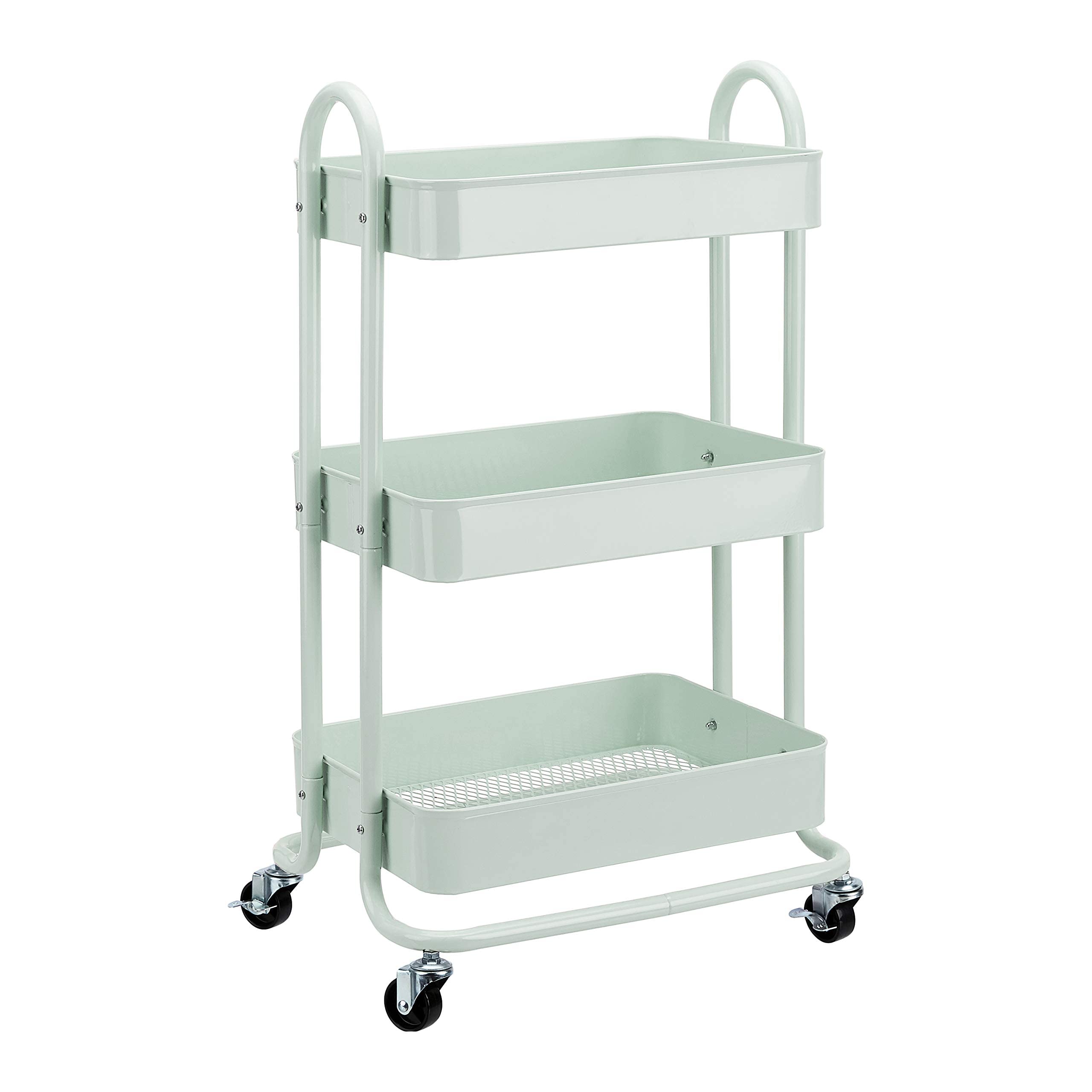 Amazon Basics 3-Tier Rolling Utility Cart, Storage Organizer, Lockable Wheels, Multifunctional Storage, Portable Mobile Shelving Unit, White