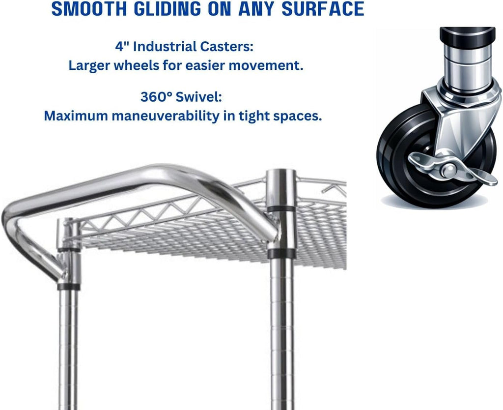 Heavy Duty 3 Tier Rolling Utility Kitchen Cart on Wheels,Large 45"L x 17 1/2"D x 45"H Metal Serving Cart Commercial Grade with Wire Shelving and Handle Bar for Office School Church Kitchen Hardware