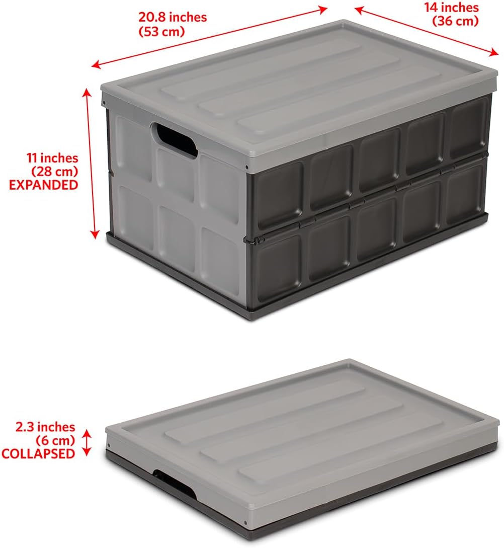 Glad Collapsible Storage Bin with Lid - 48L Foldable Plastic Box for Garage, Car Trunk, and Organization - Stackable Lidded Container with Handles, Grey