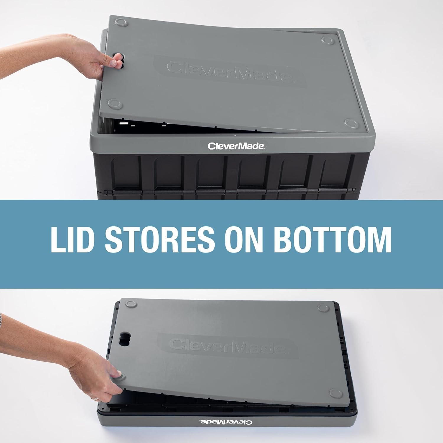 CleverMade Collapsible Storage Bins with Lids (62L, 3 Pack) – Heavy Duty Foldable Plastic Storage Crates for Garage, Closet & Trunk Organization - Ocean