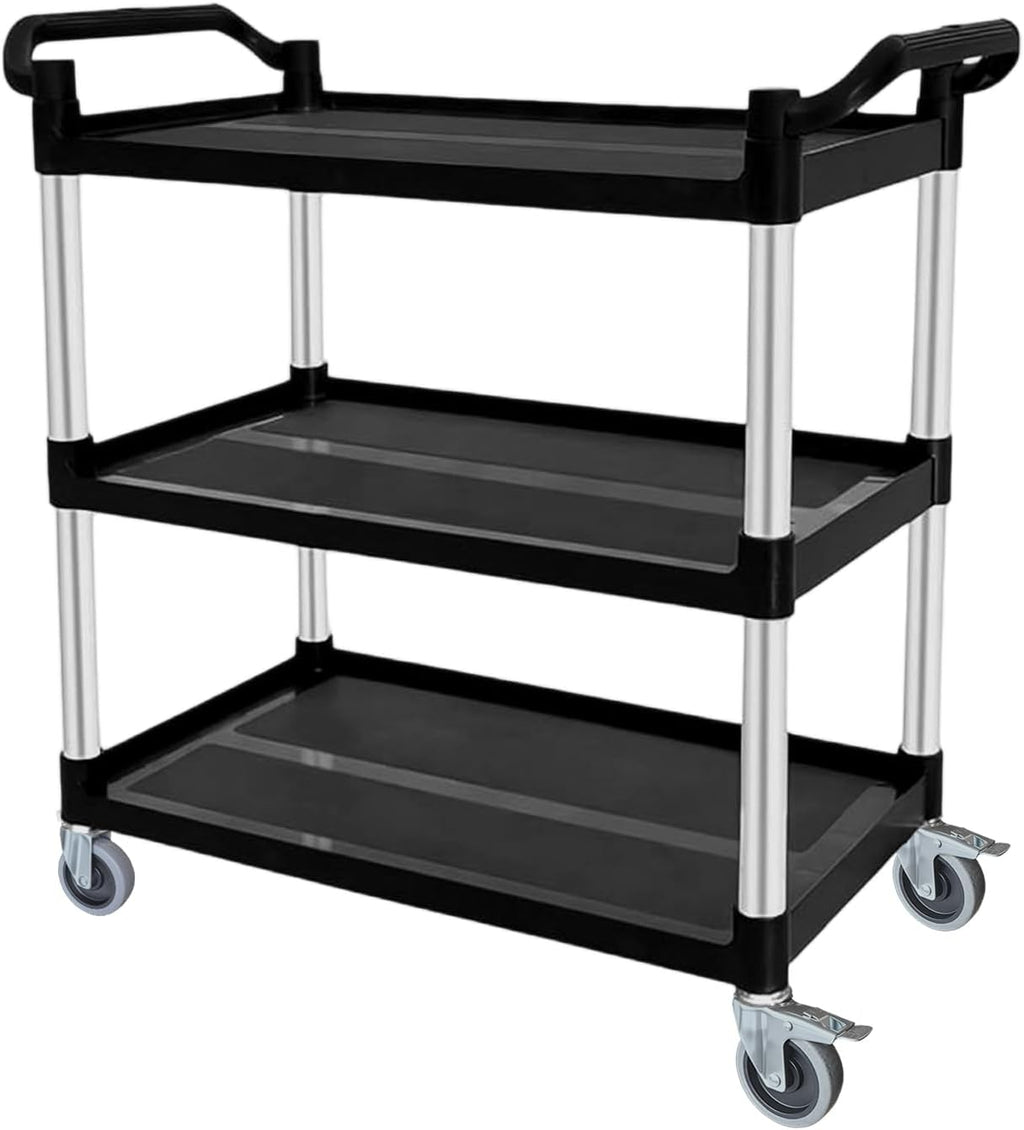 Plastic Utility Carts with Wheels, 3-Tier Rolling Service Cart, 300 lbs Heavy Duty Capacity with 4 inch Silent Casters(2 Lockable), for Home, Office, Restaurant, Warehouse.31.5"× 16" × 38"