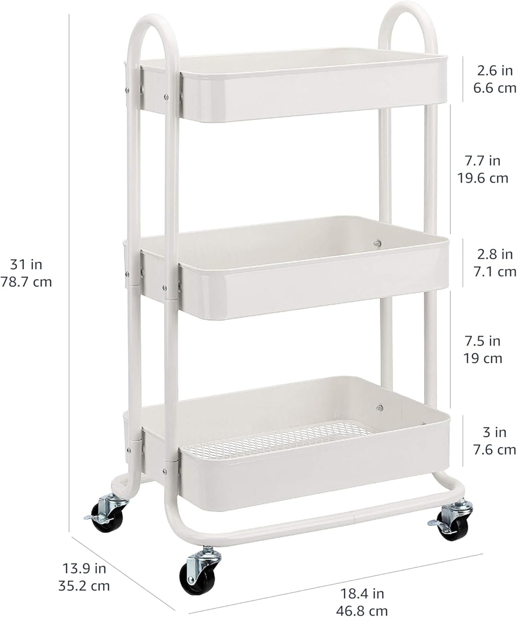 Amazon Basics 3-Tier Rolling Utility Cart, Storage Organizer, Lockable Wheels, Multifunctional Storage, Portable Mobile Shelving Unit, White
