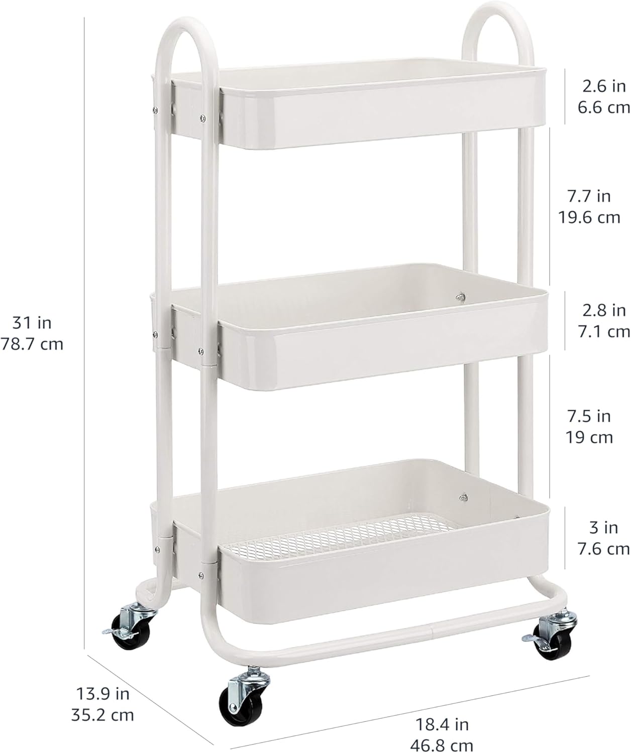 Amazon Basics 3-Tier Rolling Utility Cart, Storage Organizer, Lockable Wheels, Multifunctional Storage, Portable Mobile Shelving Unit, White