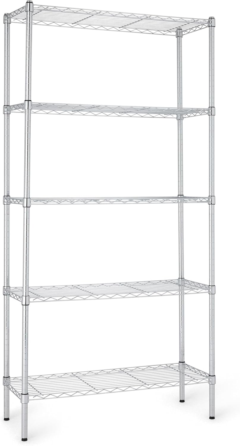 Amazon Basics 5-Shelf Adjustable Heavy Duty Steel Wire Rack, Space Saving Storage Shelving Organizer for Kitchen, Garage, No-Tool Assembly, 350 lbs Weight Capacity, 36" x 14" x 72", Chrome
