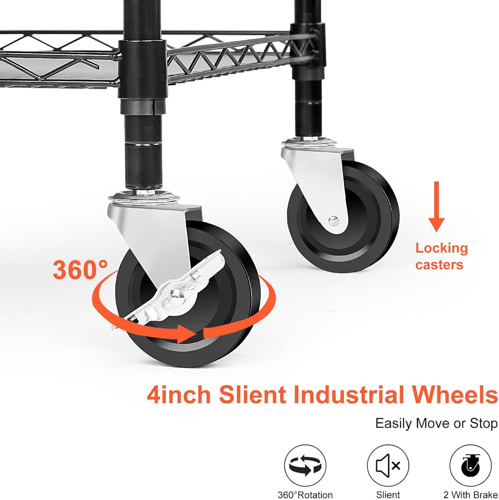 BolDuck Heavy Duty Utility Cart, 990Lbs Capacity 3 Tier Rolling Carts with Wheels, Kitchen Cart on Wheels with Storage, Commercial Grade Metal Serving Carts with Wire Shelving &Handle Bar, Black