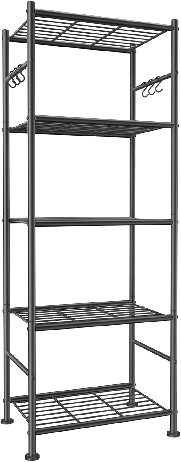 Sakugi Storage Shelves - 5-Tier Large Capacity Shelf Organizer with Hooks, Heavy-Duty Garage Shelving with Leveling Feet, Wobble-Free Rack for Bedroom, Balcony, Garage, 18.1"×12.4"×56.8", Black