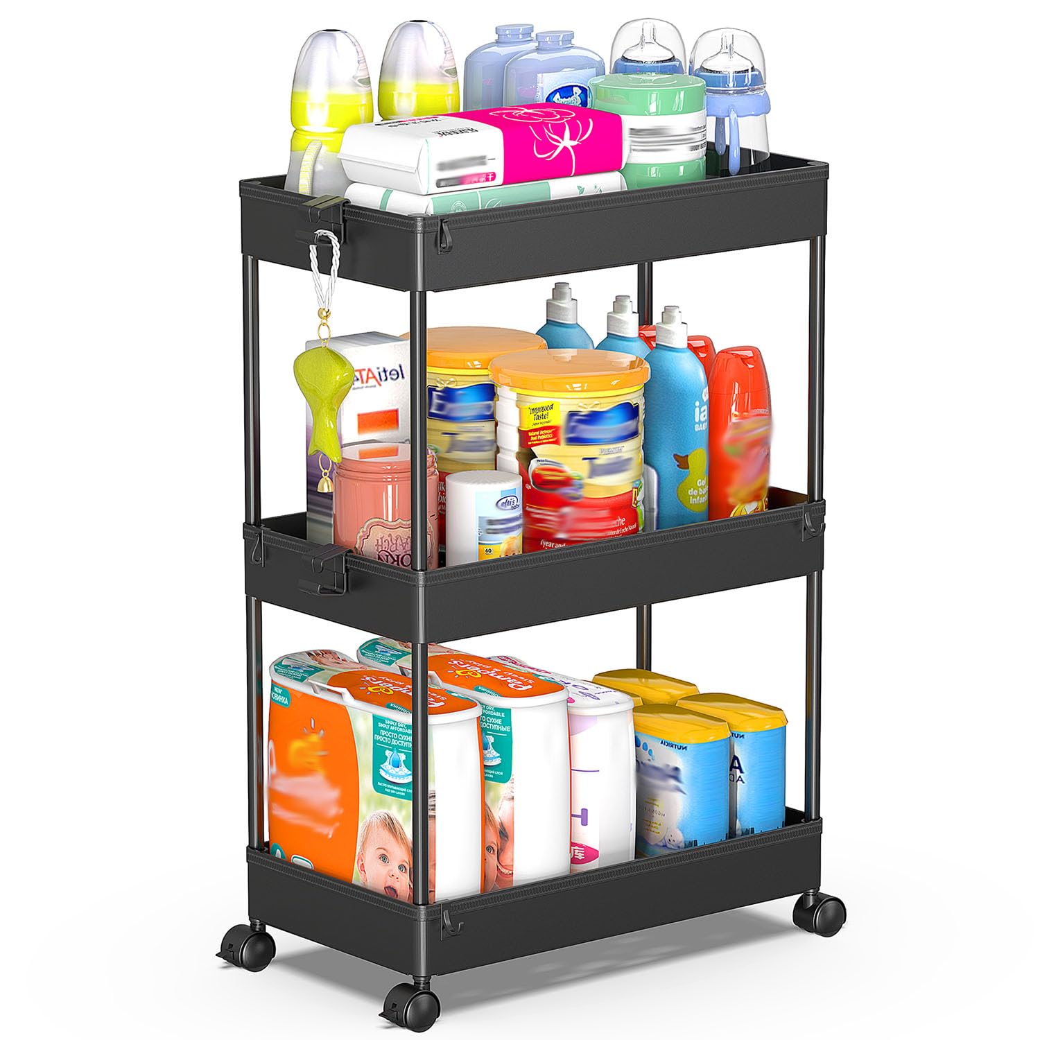 SPACEKEEPER Rolling Storage Cart 3 Tier Bathroom Cart Organizers with Wheels Laundry Room Organization Mobile Shelving Unit Utility Cart Storage Shelves Multi-Functional for Office, Home, Black