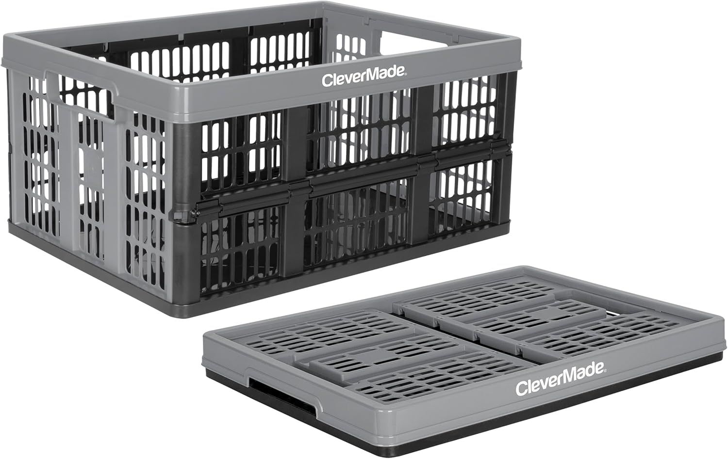 CleverMade Collapsible Utility Crate, Stone, 1PK - 32L (8 Gal) Collapsible Storage Bins, Holds 40lbs Per Bin - Plastic Stackable Grated Wall Utility Containers, CleverCrates Baskets