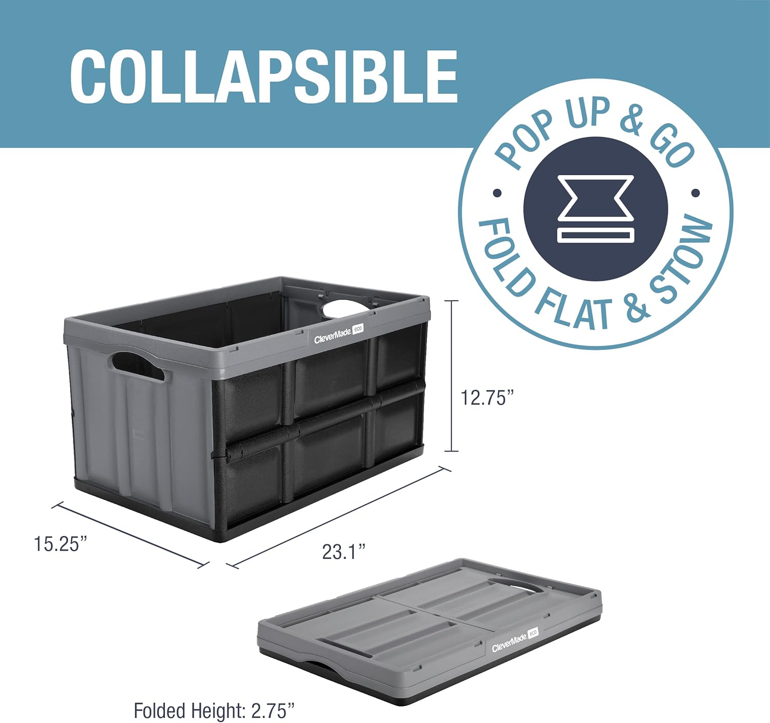 CleverMade Collapsible Storage Bins 62L (3-Pack) – Heavy Duty Collapsible Plastic Storage Bins, Large Stackable Folding Storage Bins for Garage, Car, Grocery & Home Organization - Stone