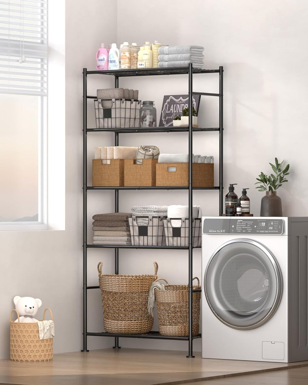 Sakugi Storage Shelves - 5 Tier Shelf Organizer, Heavy Duty Garage Shelving Unit with Leveling Feet, Stable Metal Shelves Organizer for Pantry, Kitchen and Closet, 33.0" W x 12.6" D x 72.0" H, Black