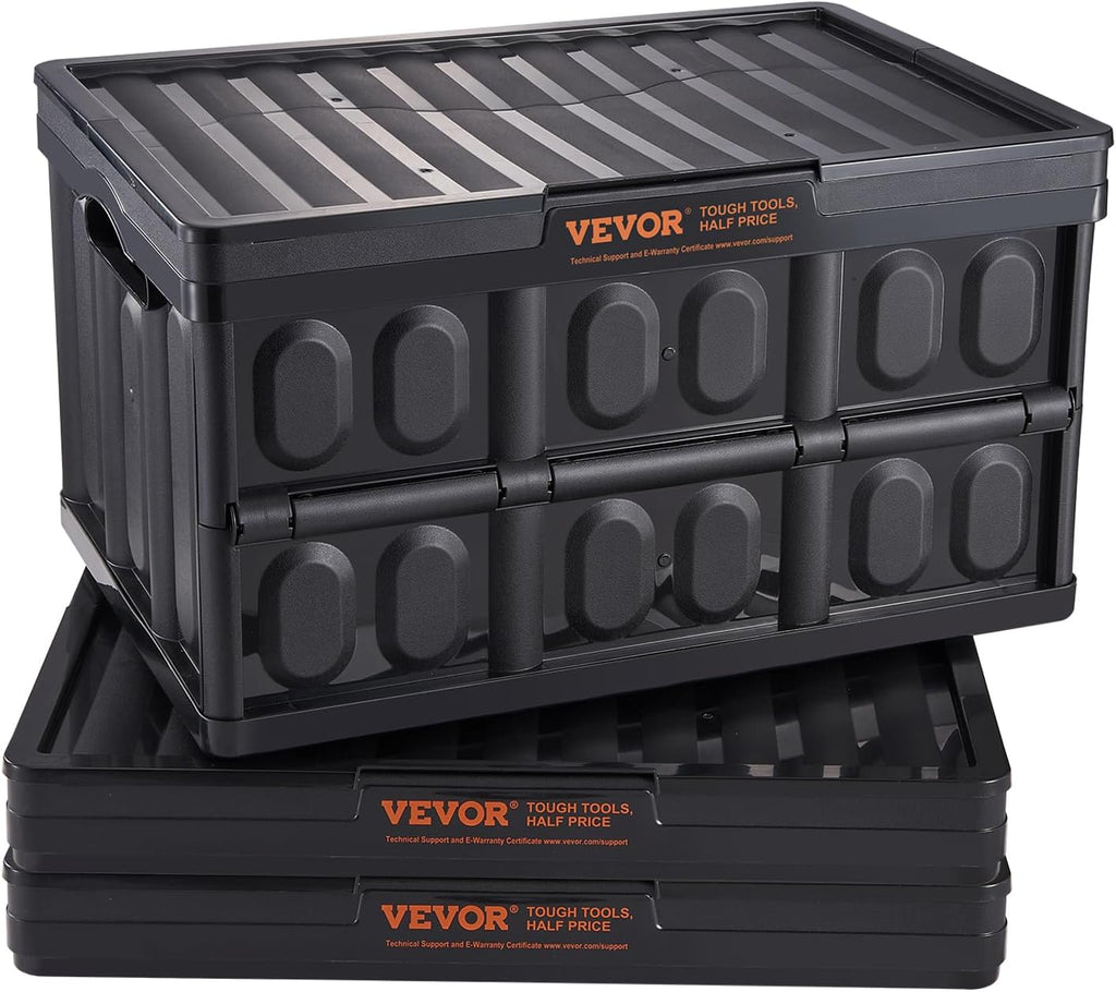 VEVOR 45L Collapsible Storage Bins with Lids 3 Packs, Stackable Utility Crates with Handles, Large Folding Containers for Organizing Tools, Snacks, Books, Food, Drinks, Camping & Transport