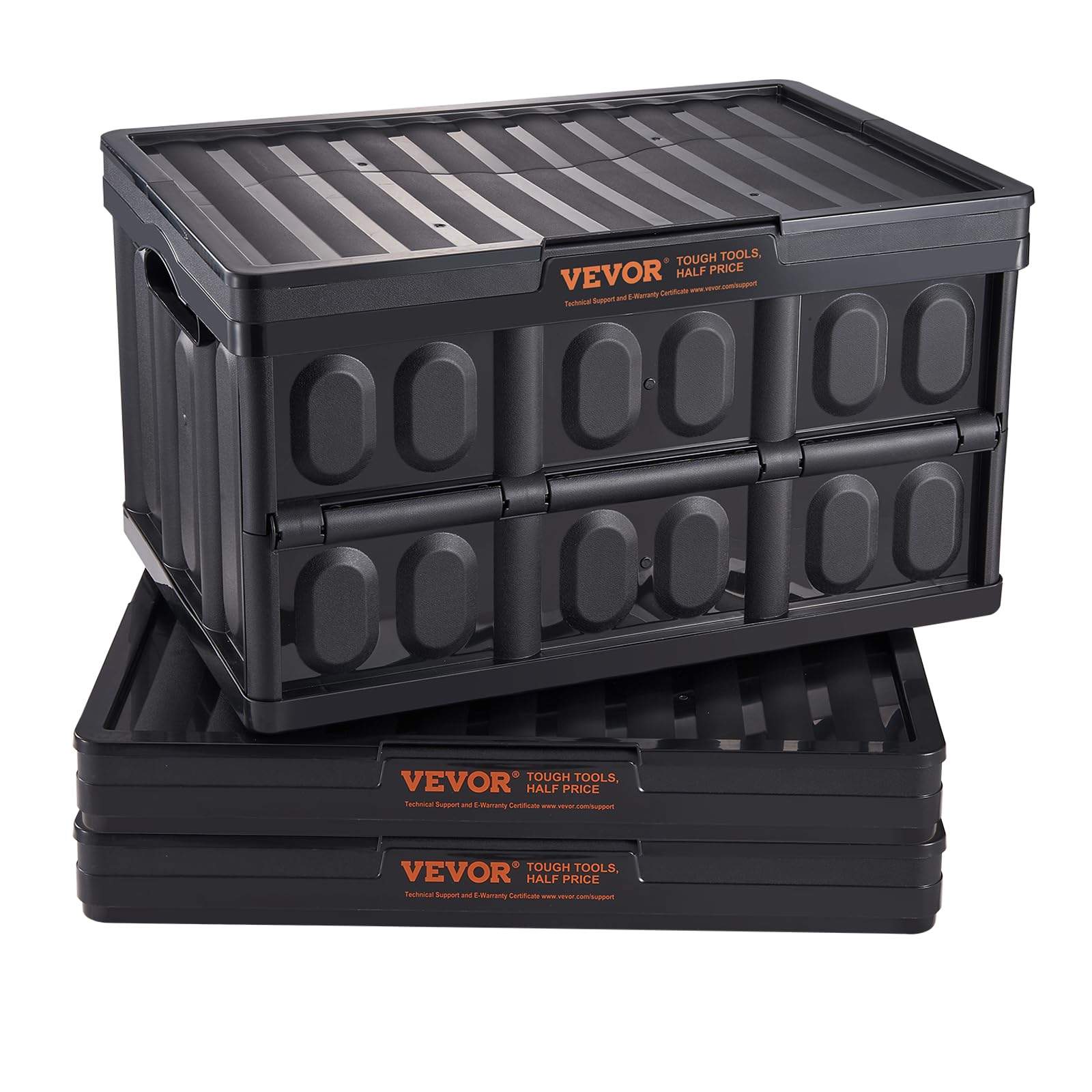 VEVOR 45L Collapsible Storage Bins with Lids 3 Packs, Stackable Utility Crates with Handles, Large Folding Containers for Organizing Tools, Snacks, Books, Food, Drinks, Camping & Transport