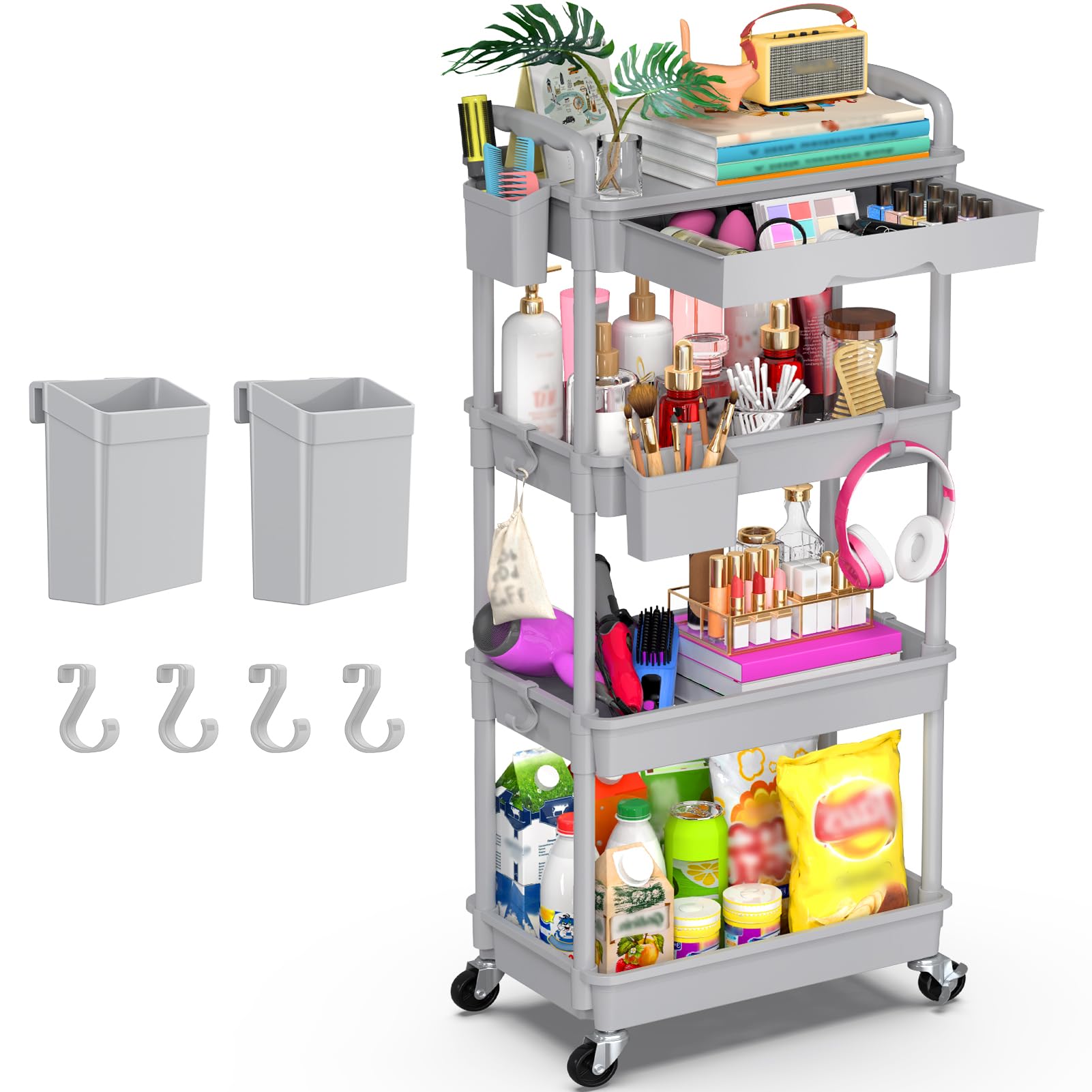 Goovilla 3 Tier Rolling Utility Cart Organizer with Removable Drawer, Stable and Sturdy Black Rolling Storage Carts with 2 Lockable Wheels for Bathroom, Kitchen, Snack, Craft, Makeup, Baby Essentials