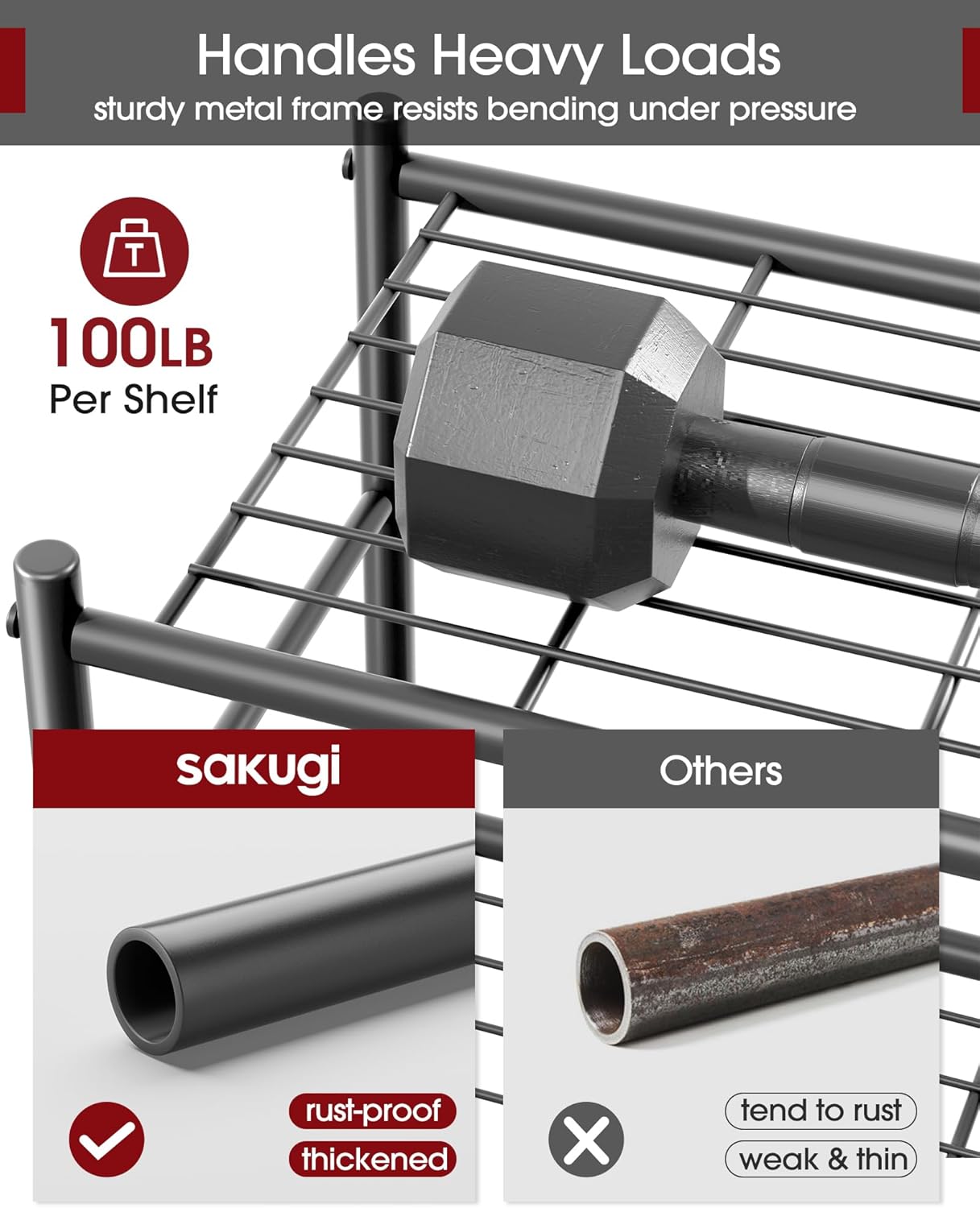 Sakugi Storage Shelves - 5-Tier Large Capacity Shelf Organizer with Hooks, Heavy-Duty Garage Shelving with Leveling Feet, Wobble-Free Rack for Bedroom, Balcony, Garage, 18.1"×12.4"×56.8", Black