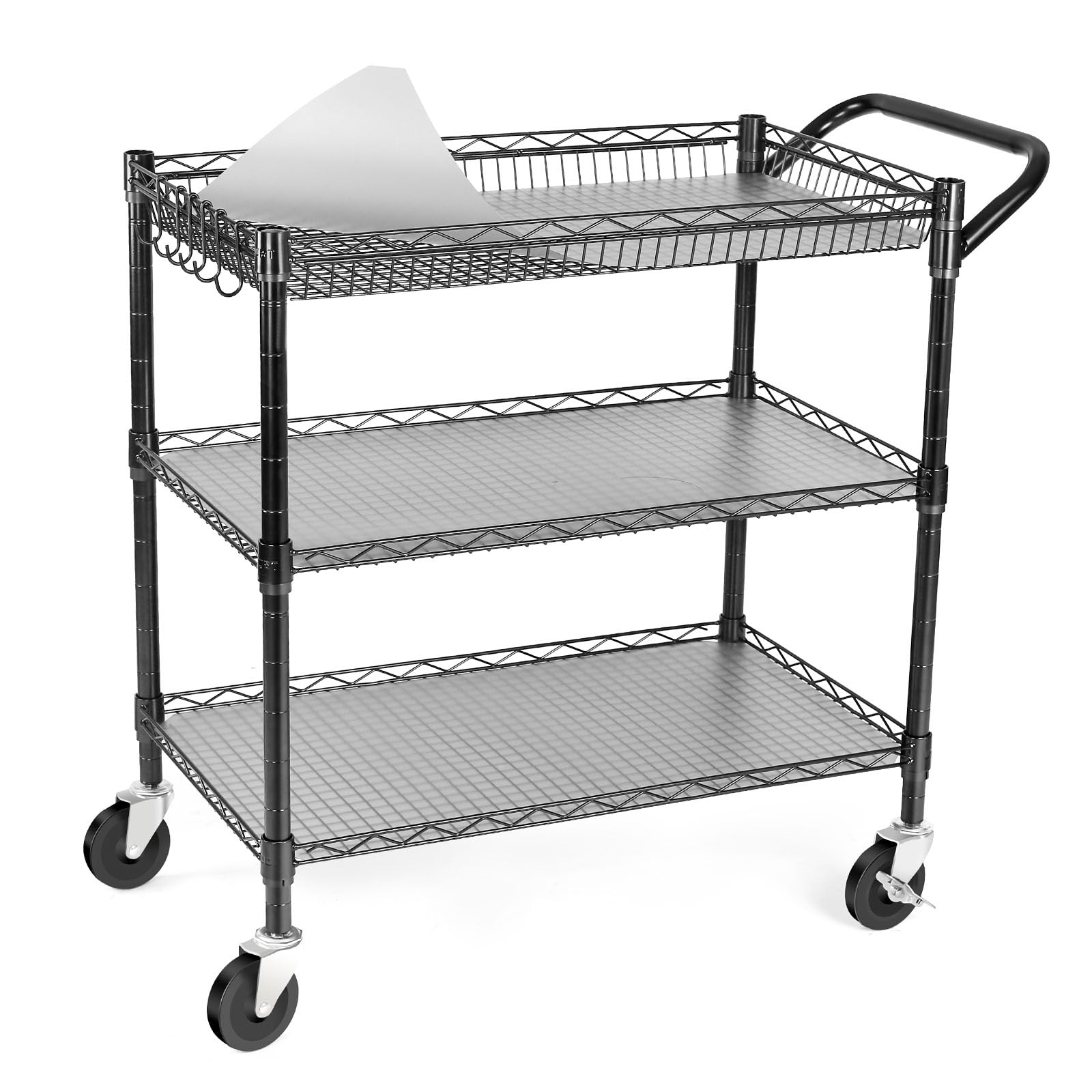 WDT 990Lbs Capacity Heavy Duty Rolling Utility Cart, NSF Rolling Carts with Wheels,Commercial Grade Metal Cart with Handle Bar & Shelf Liner,Trolley Serving Cart for Restaurant,Kitchen,Gray