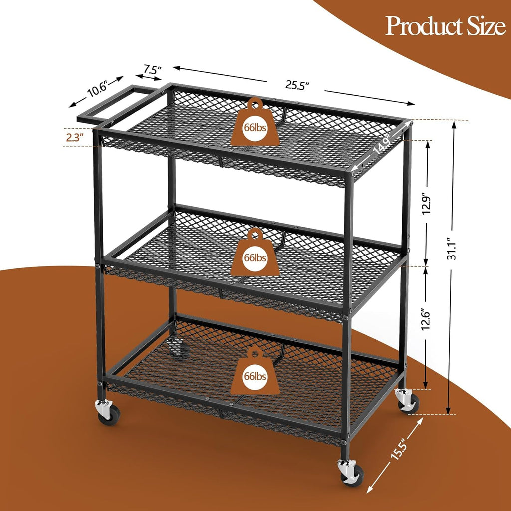 3 Tier Rolling Utility Kitchen Cart, Heavy Duty Wire Rolling Cart on Wheels, Commercial Metal Serving Carts with Handle, Kitchen Island Plant Shelf Food Storage Trolley for Laundry, Office, Garage