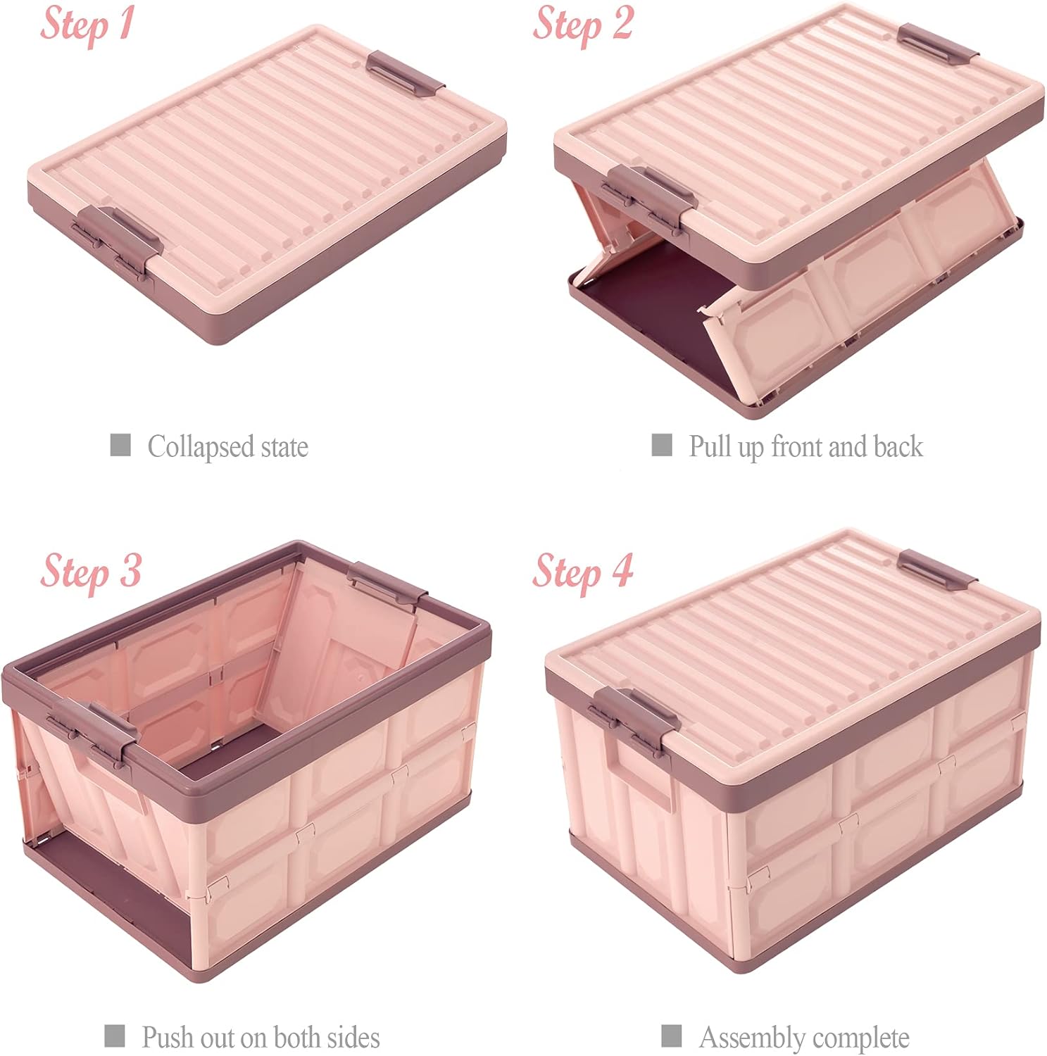Pink Collapsible Storage Bins with Lids 2-Pack, Folding Plastic Stackable Utility Crates 30L, Durable Containers for Home & Garage Organization