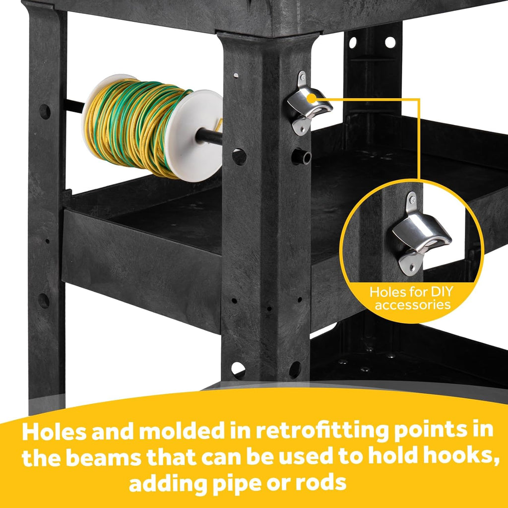 ELAFROS 3 Shelf Heavy Duty Utility Cart, 34" x 17" x 38.5", Rolling Work Cart with 4 Swivel Wheels, Deep Shelves, Safely Holds up to 550 lbs 3-Tier Service Tool Cart, Black