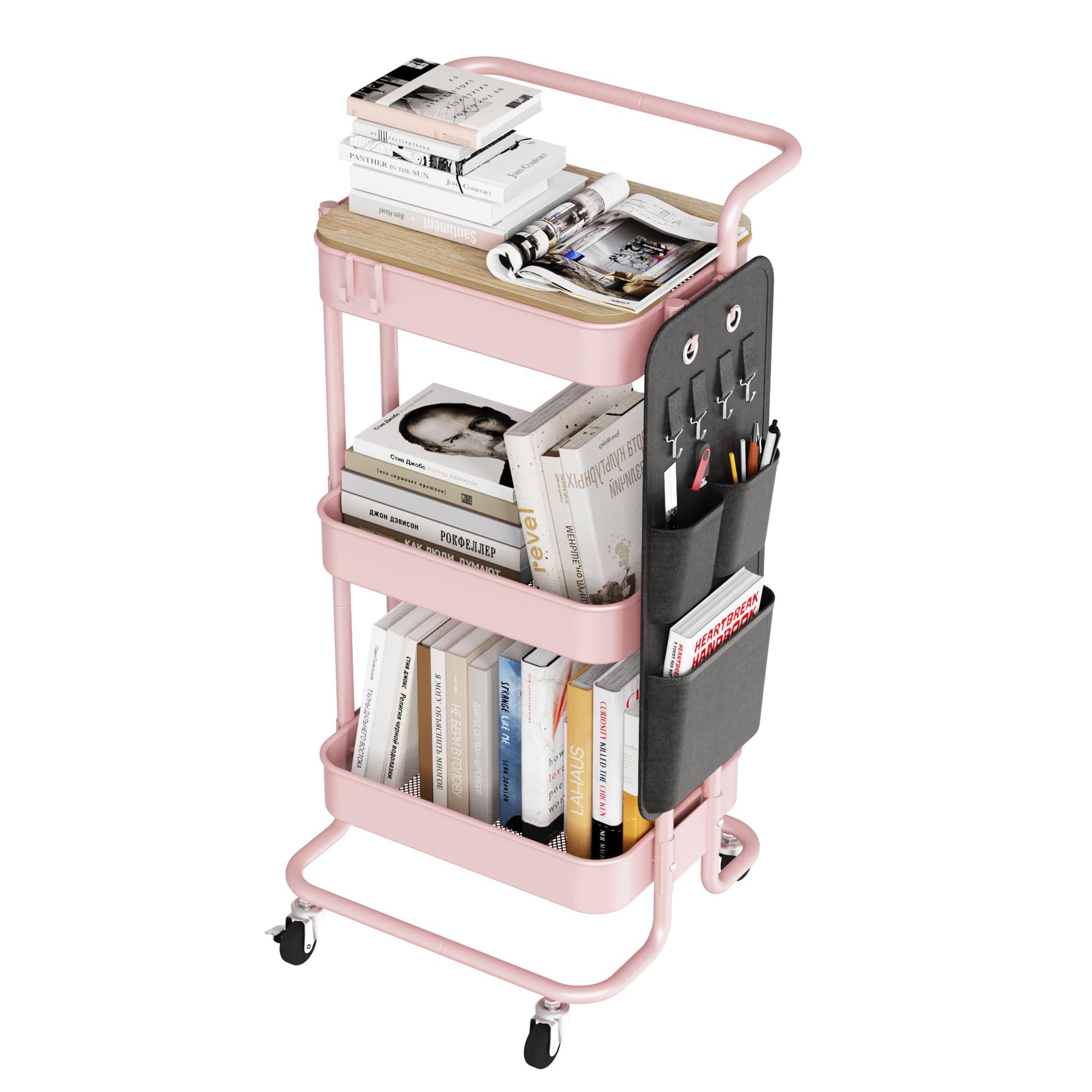 DTK 3 Tier Metal Utility Rolling Cart with Table Top and Side Bags, Tray Storage Organizer Wheels, Art Craft 4 Hooks for Kitchen Bathroom Office Living Room (Black)