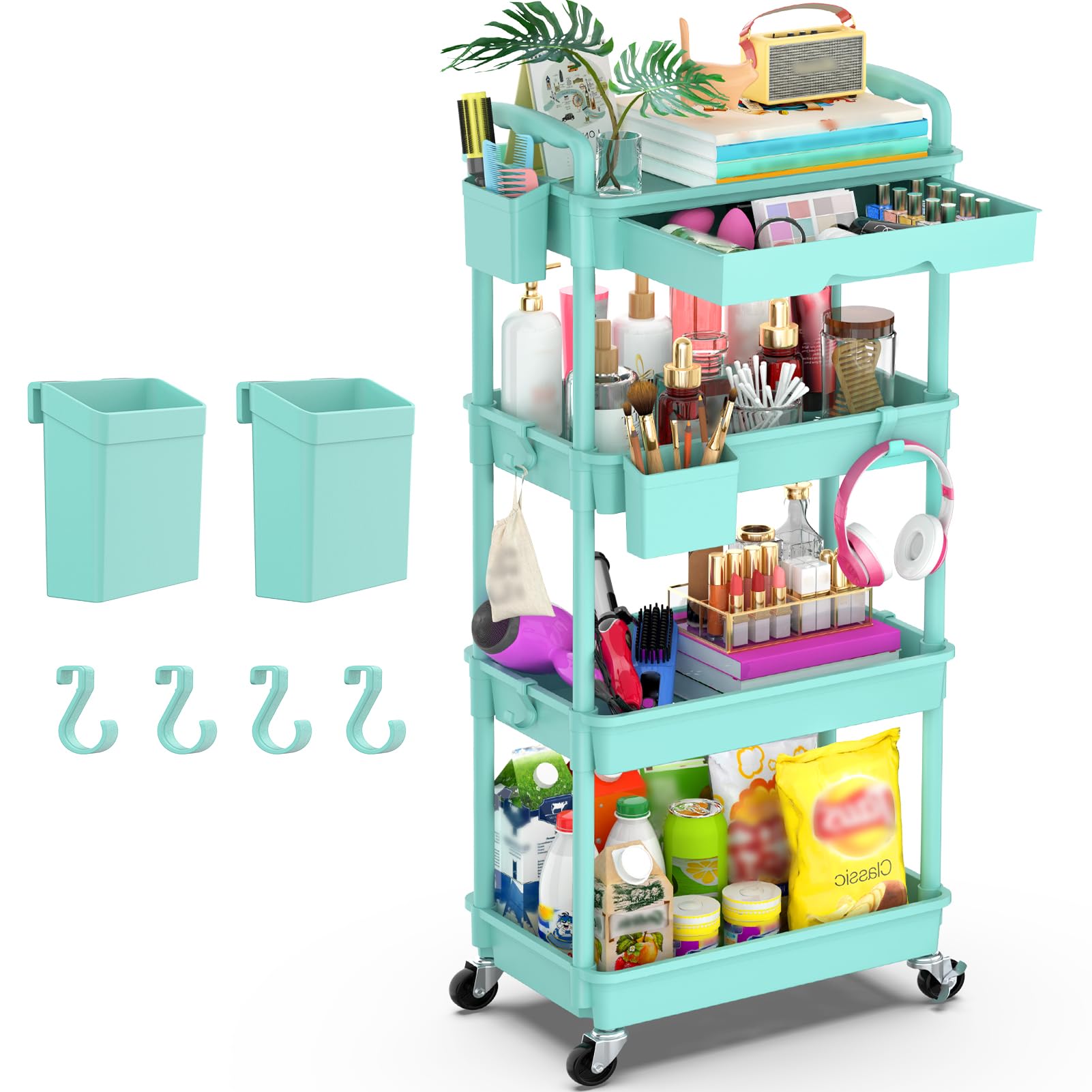 Goovilla 3 Tier Rolling Utility Cart Organizer with Removable Drawer, Stable and Sturdy Black Rolling Storage Carts with 2 Lockable Wheels for Bathroom, Kitchen, Snack, Craft, Makeup, Baby Essentials