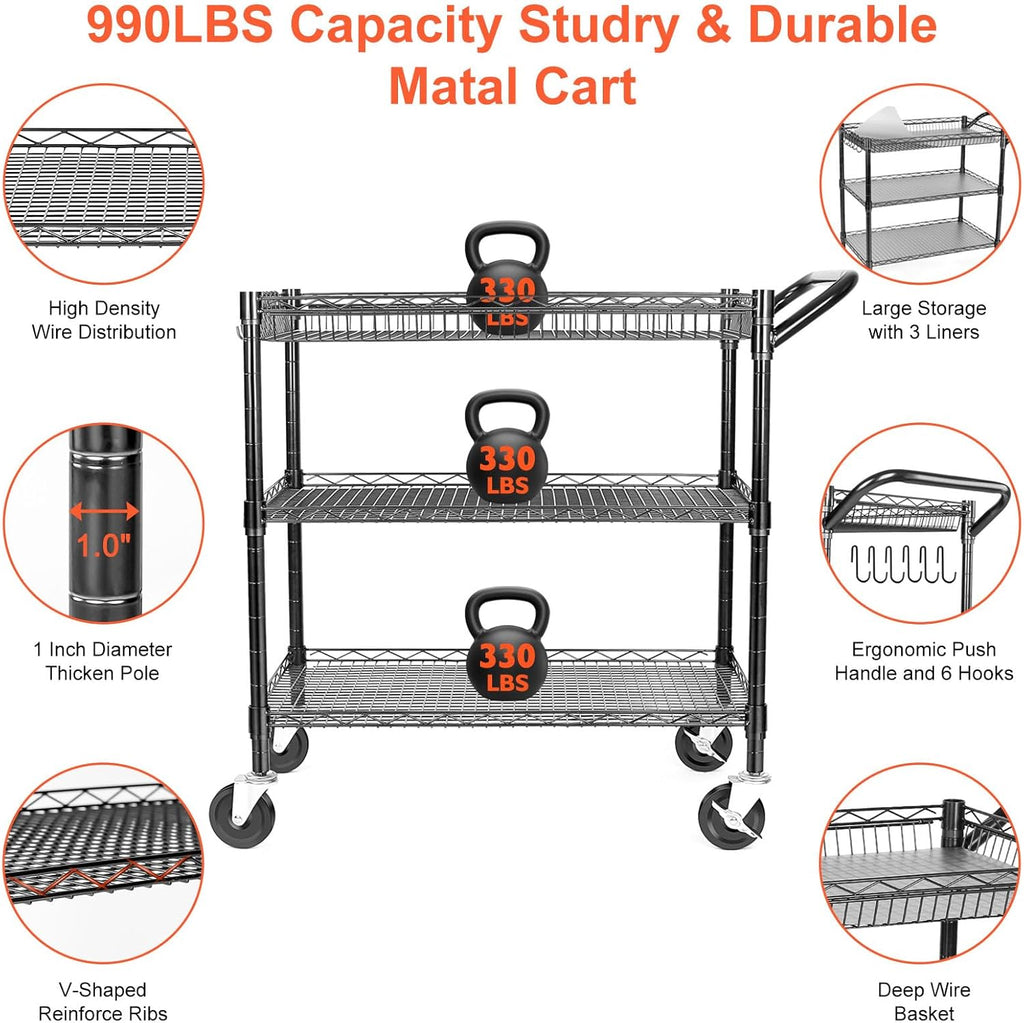 BolDuck Heavy Duty Utility Cart, 990Lbs Capacity 3 Tier Rolling Carts with Wheels, Kitchen Cart on Wheels with Storage, Commercial Grade Metal Serving Carts with Wire Shelving &Handle Bar, Black