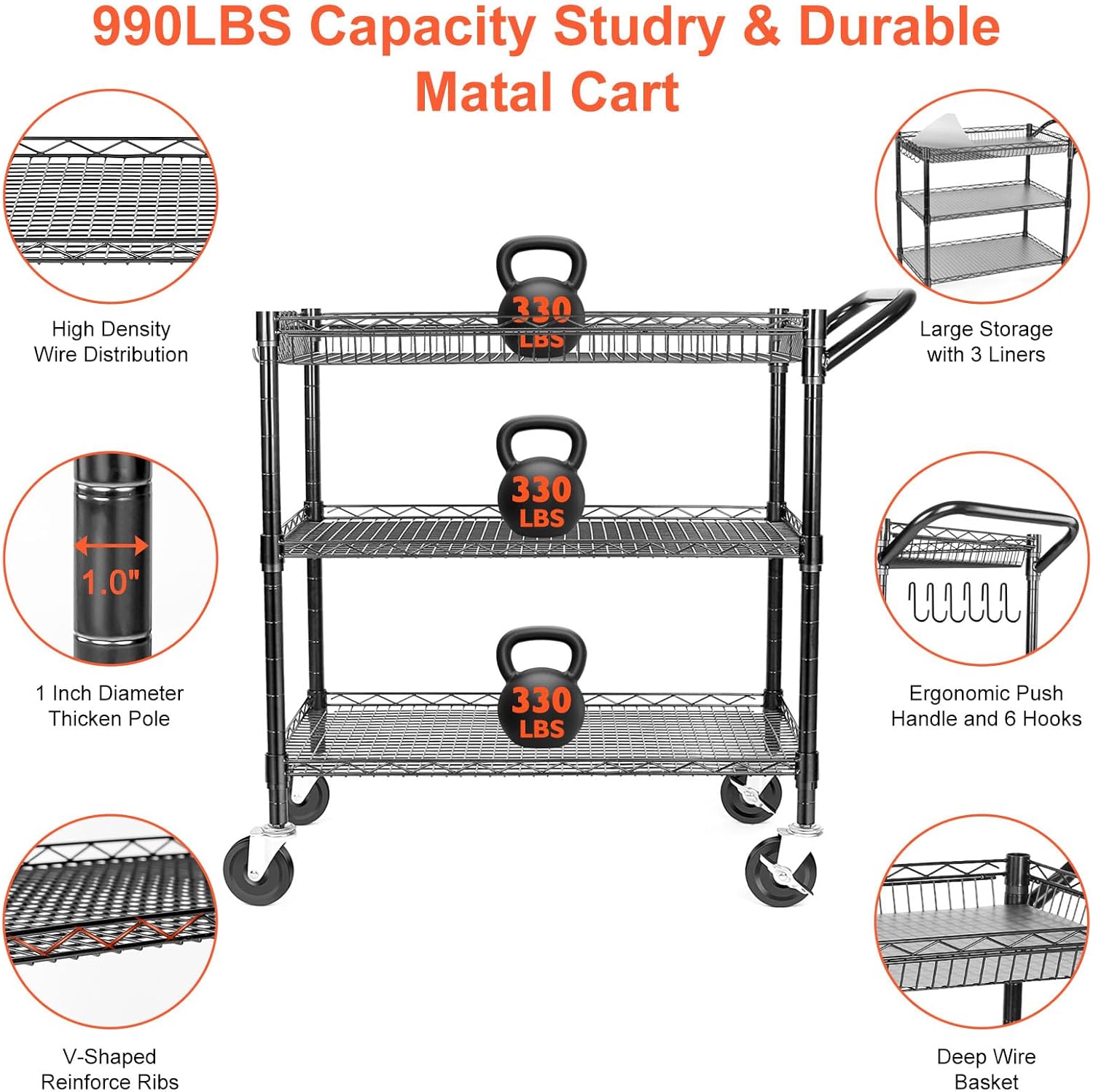 BolDuck Heavy Duty Utility Cart, 990Lbs Capacity 3 Tier Rolling Carts with Wheels, Kitchen Cart on Wheels with Storage, Commercial Grade Metal Serving Carts with Wire Shelving &Handle Bar, Black