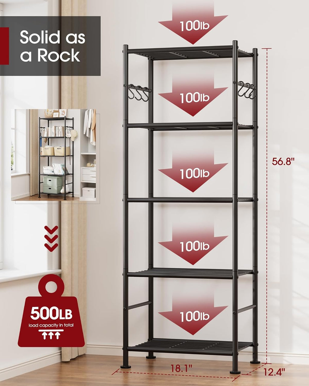 Sakugi Storage Shelves - 5-Tier Large Capacity Shelf Organizer with Hooks, Heavy-Duty Garage Shelving with Leveling Feet, Wobble-Free Rack for Bedroom, Balcony, Garage, 18.1"×12.4"×56.8", Black