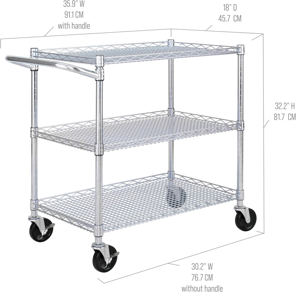 Seville Classics UltraDurable NSF Commercial Heavy Duty Metal Rolling Utility Cart, w/ Steel Shelves, Handle Bar for Restaurant, Garage, Warehouse, Kitchen, Office, Top Shelf (36"W x 18"D)