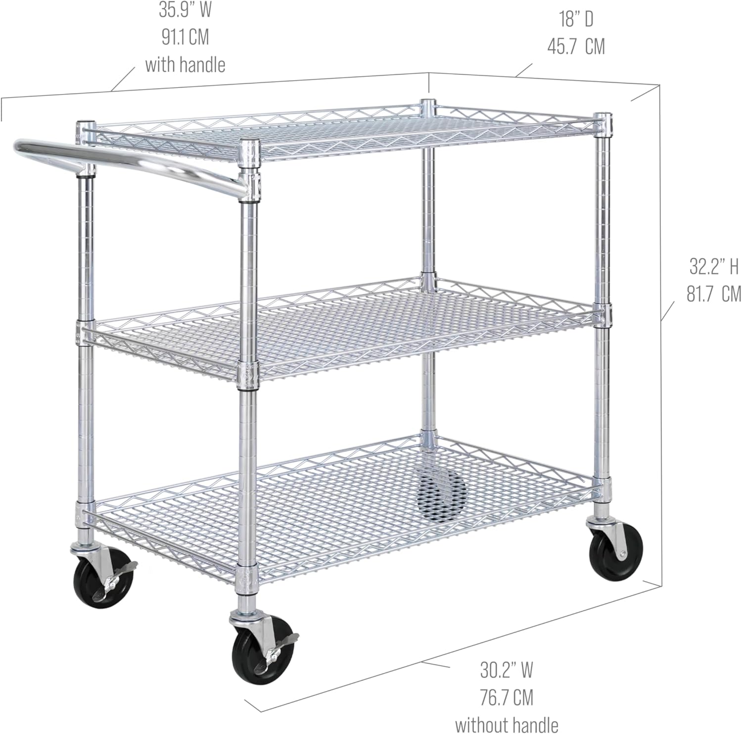 Seville Classics UltraDurable NSF Commercial Heavy Duty Metal Rolling Utility Cart, w/ Steel Shelves, Handle Bar for Restaurant, Garage, Warehouse, Kitchen, Office, Top Shelf (36"W x 18"D)