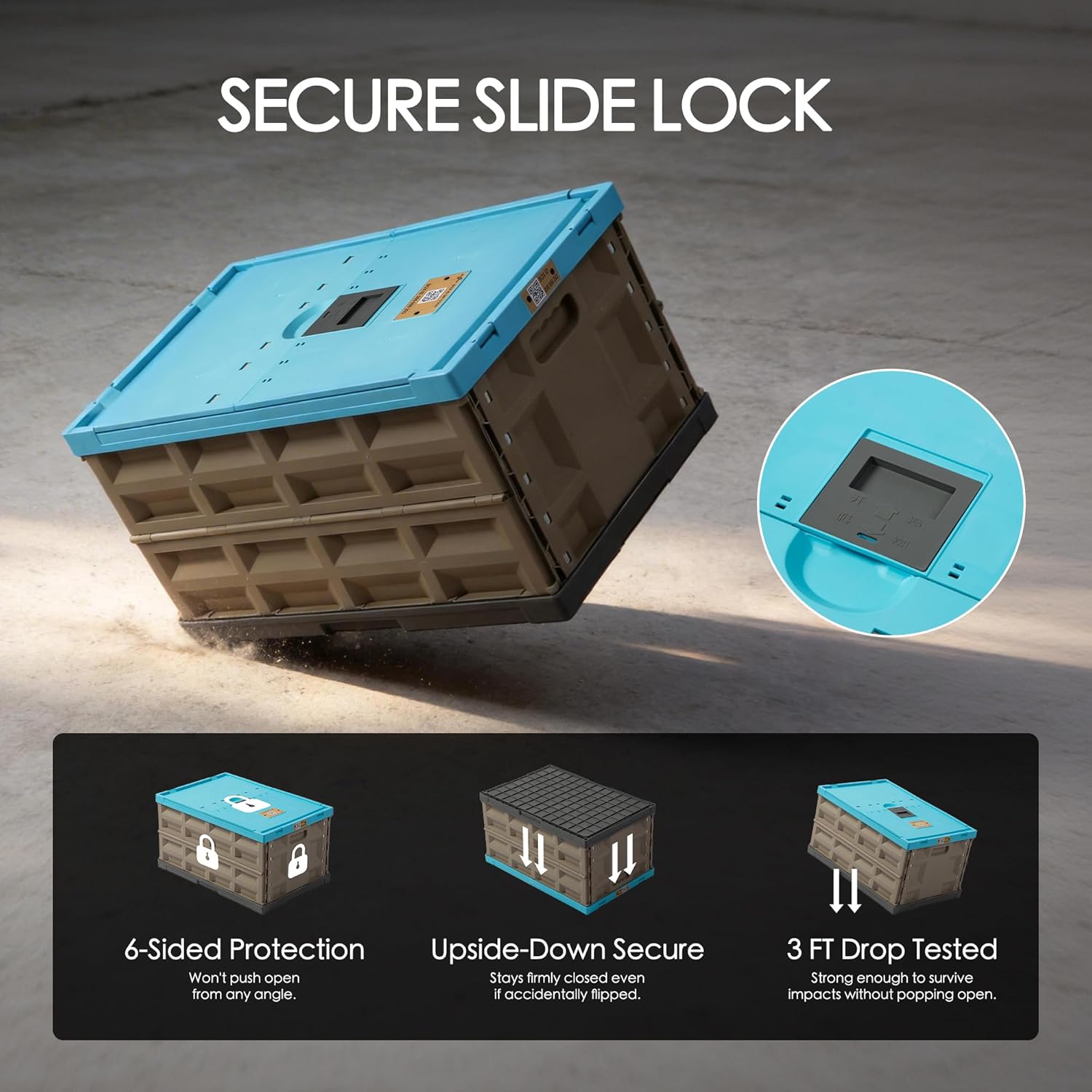 2 Pack Heavy Duty Storage Bins with Lids, 12 Gallon Collapsible Plastic Containers, 400 LBS Stacking Strength Foldable Locking Box for Garage, Camping, Truck Bed (Blue - 45L - Pack of 2)