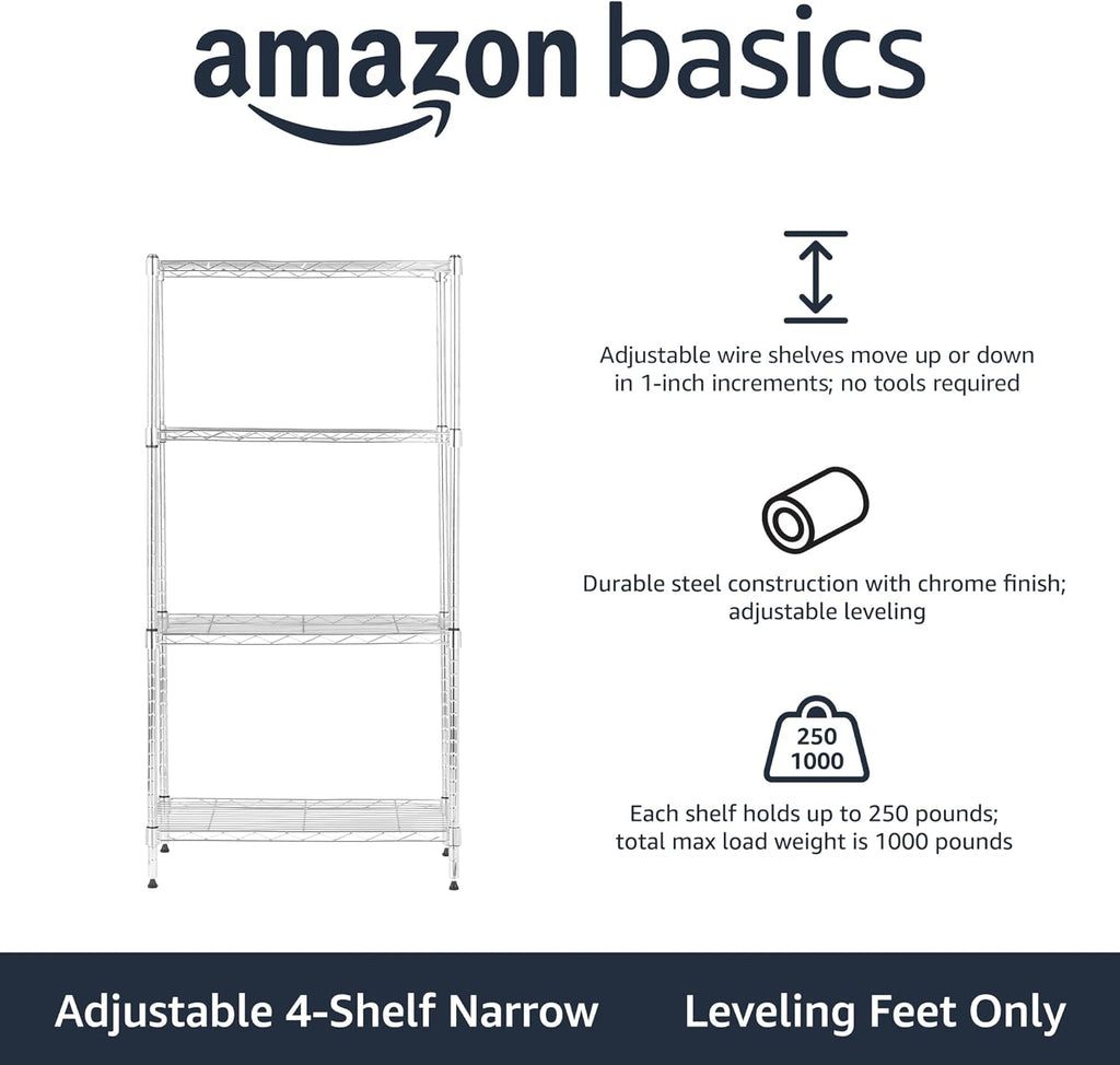 Amazon Basics 4-Shelf Adjustable Storage Shelving Unit for Garage, Steel Wire Rack, 200 Pound Loading Capacity per Shelf, 13.4"D x 23.2"W x 48"H, Chrome