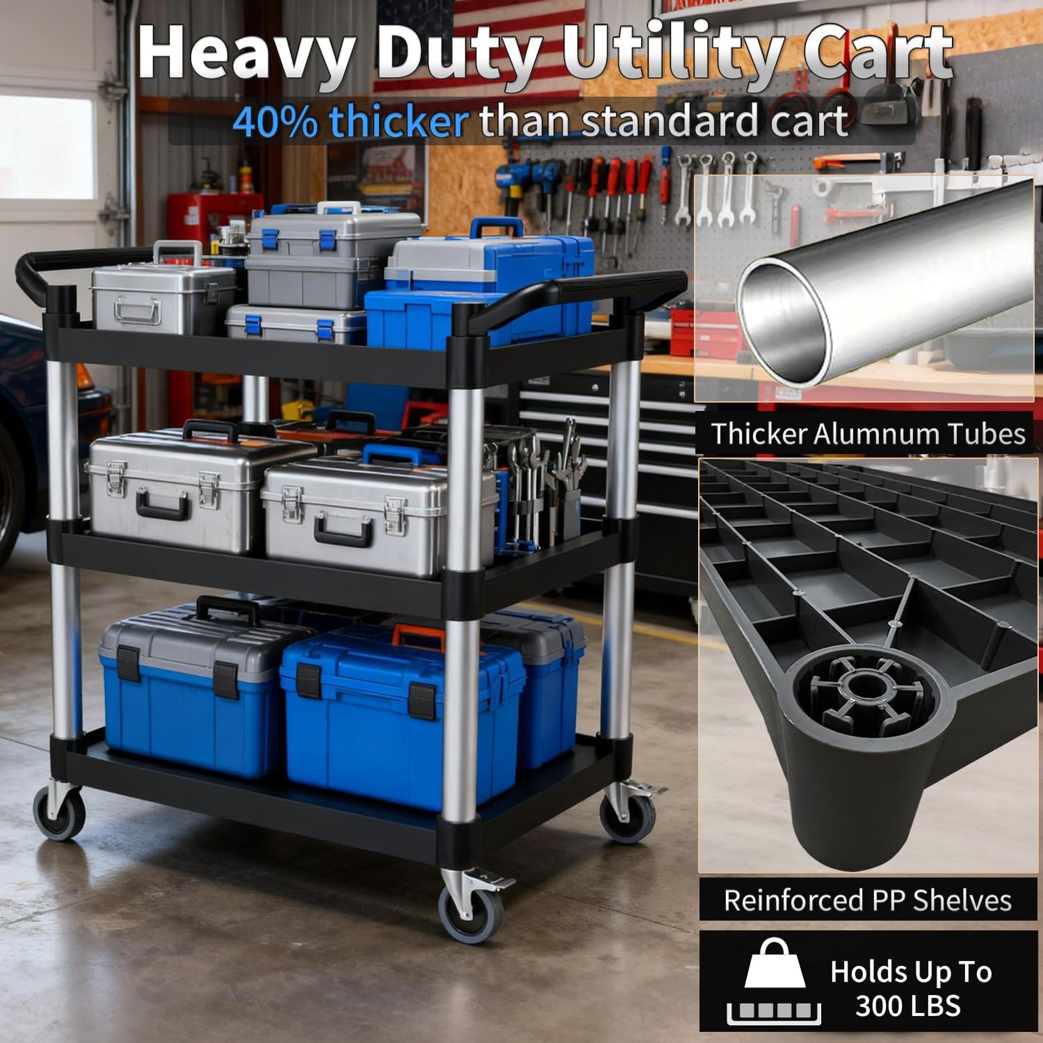 Plastic Utility Carts with Wheels, 3-Tier Rolling Service Cart, 300 lbs Heavy Duty Capacity with 4 inch Silent Casters(2 Lockable), for Home, Office, Restaurant, Warehouse.31.5"× 16" × 38"