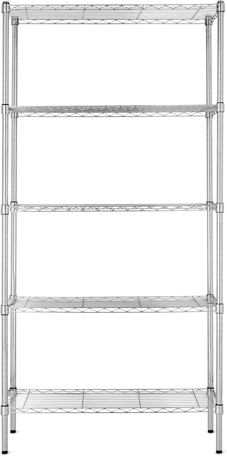 Amazon Basics 5-Shelf Adjustable Heavy Duty Steel Wire Rack, Space Saving Storage Shelving Organizer for Kitchen, Garage, No-Tool Assembly, 350 lbs Weight Capacity, 36" x 14" x 72", Chrome